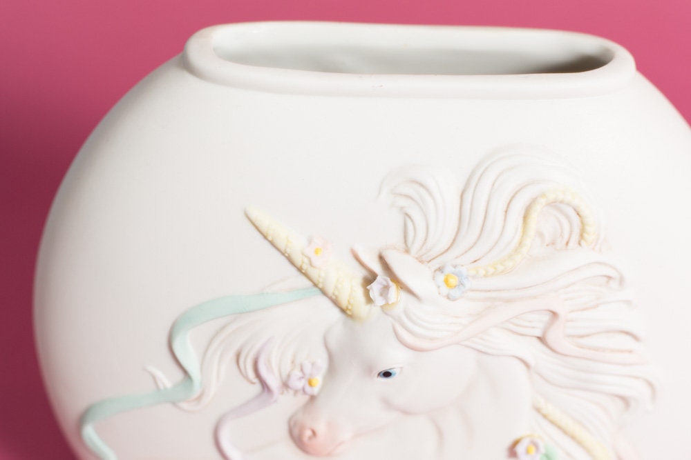 Unicorn Vase Vintage 1980's Ceramic Rainbow Colored Flower Vase