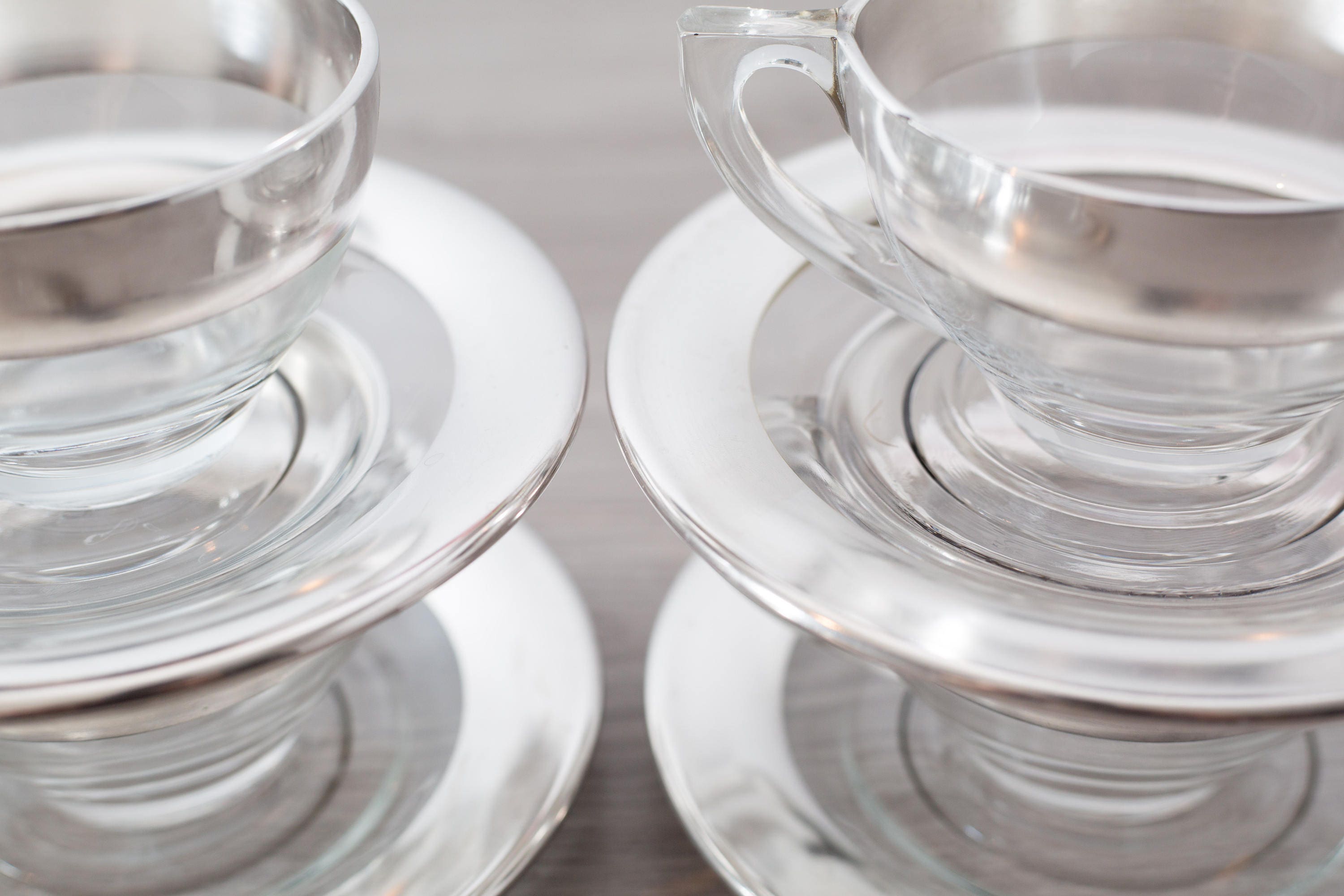Glass and Silver Teacups / Set of 7 Vintage Silver Banded Tea Cups and