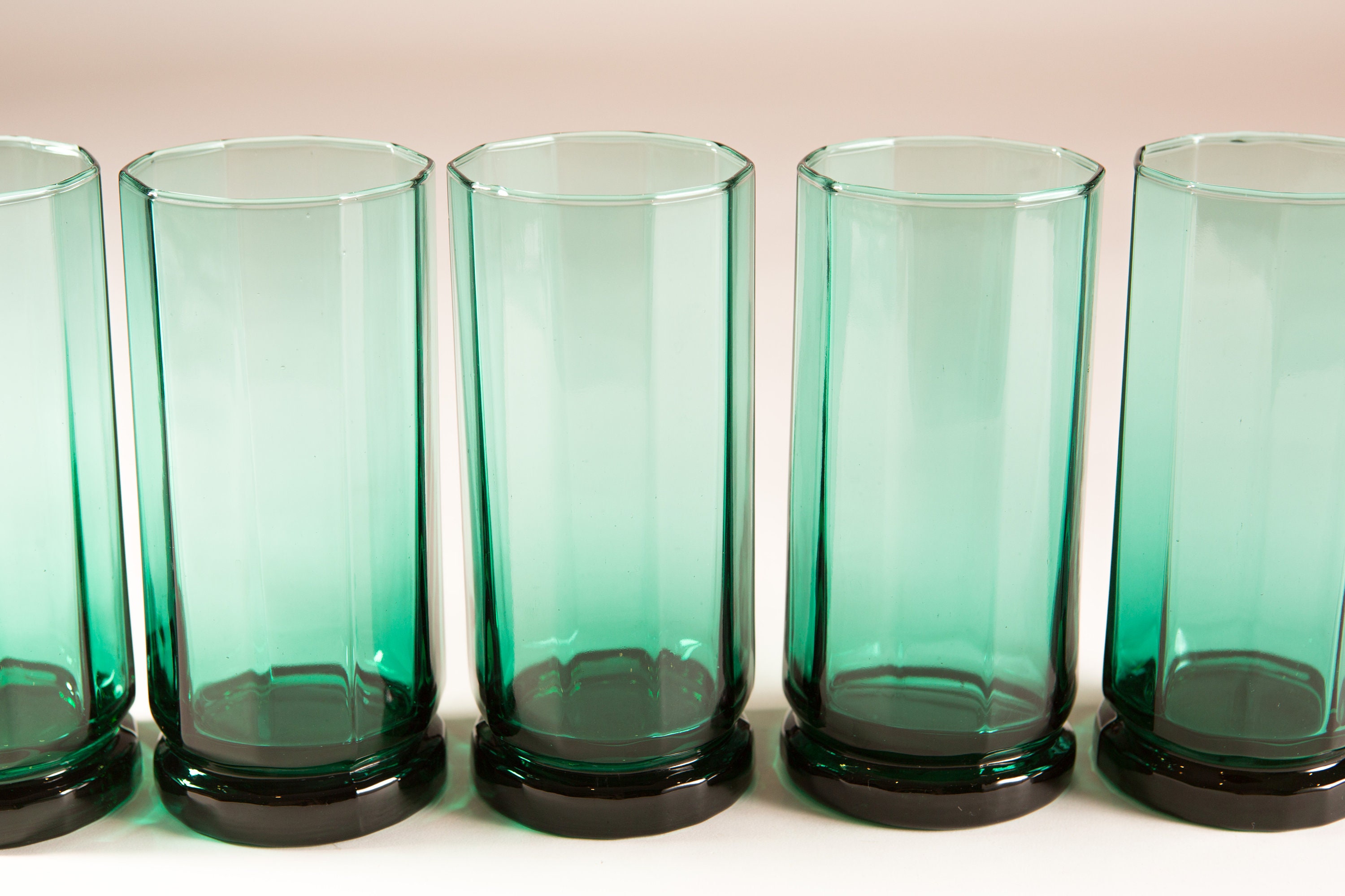 5 Decagon Glasses 14oz Vintage Set of Green Tumblers Geo Barware