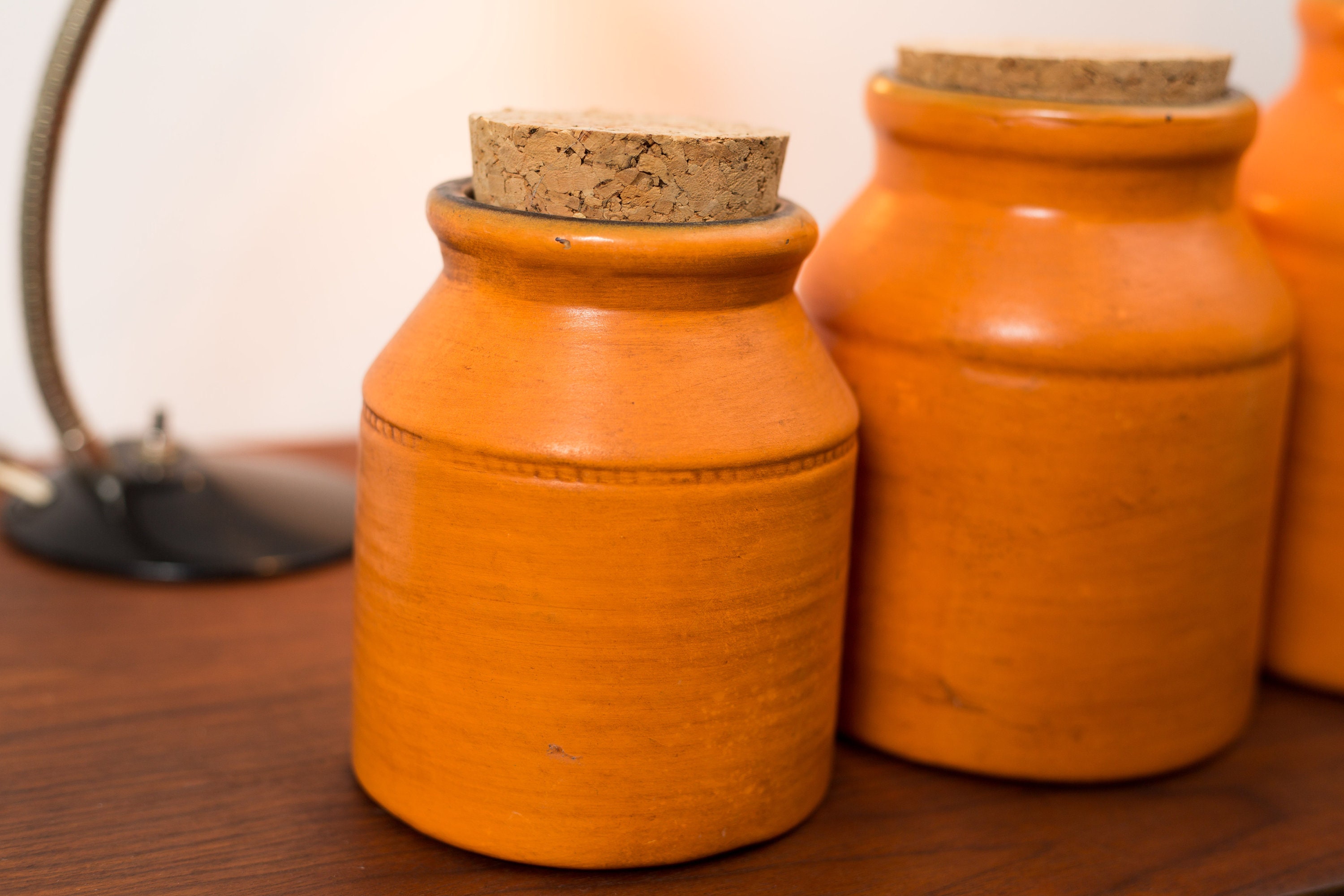 Vintage Canister Set - 4 Orange Ceramic Glazed Retro Kitchen coffee, tea, sugar Jars - Diner ...