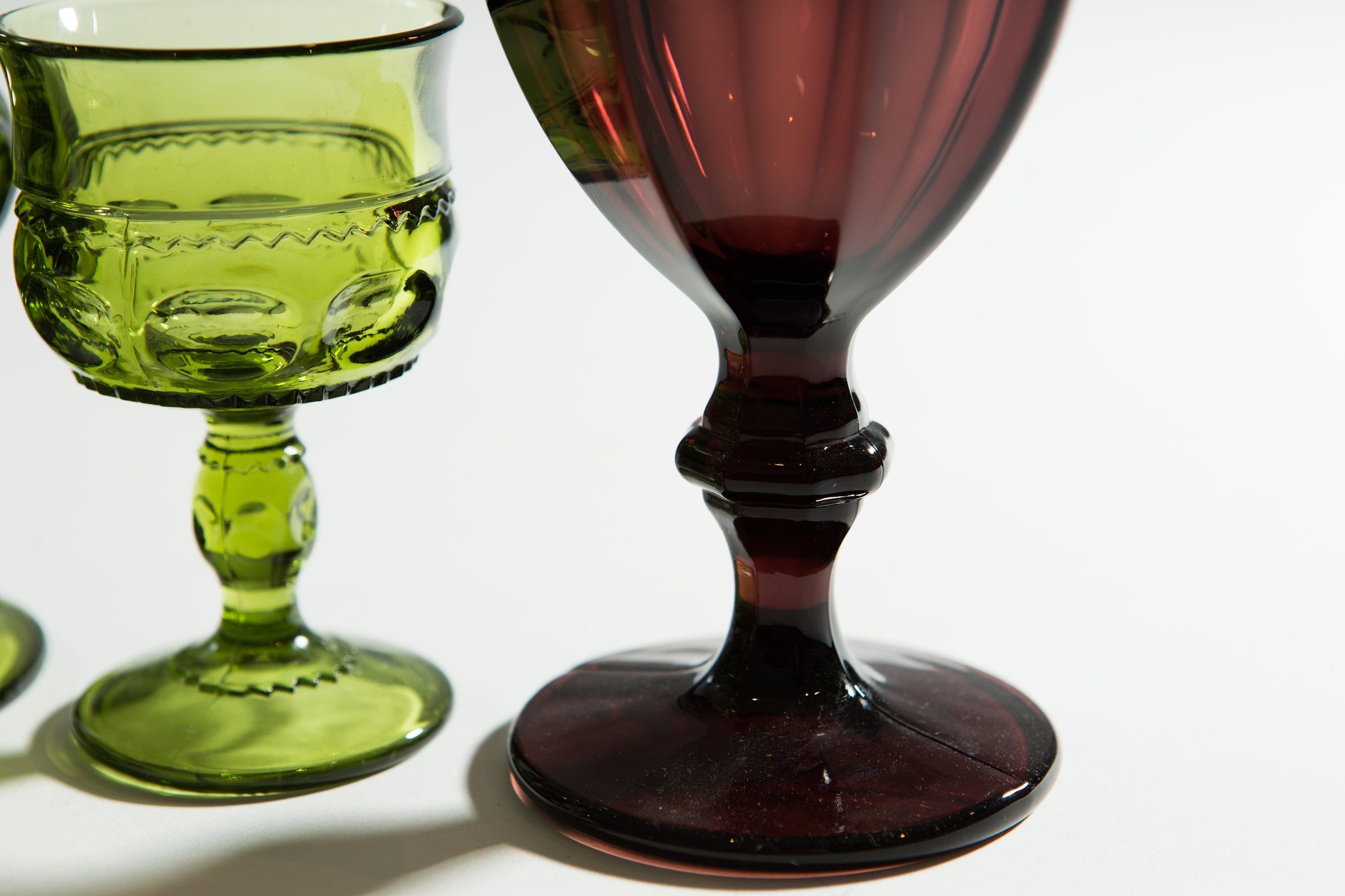 5 Vintage Glass Goblets Green, Blue Purple Wine Glasses Mismatched