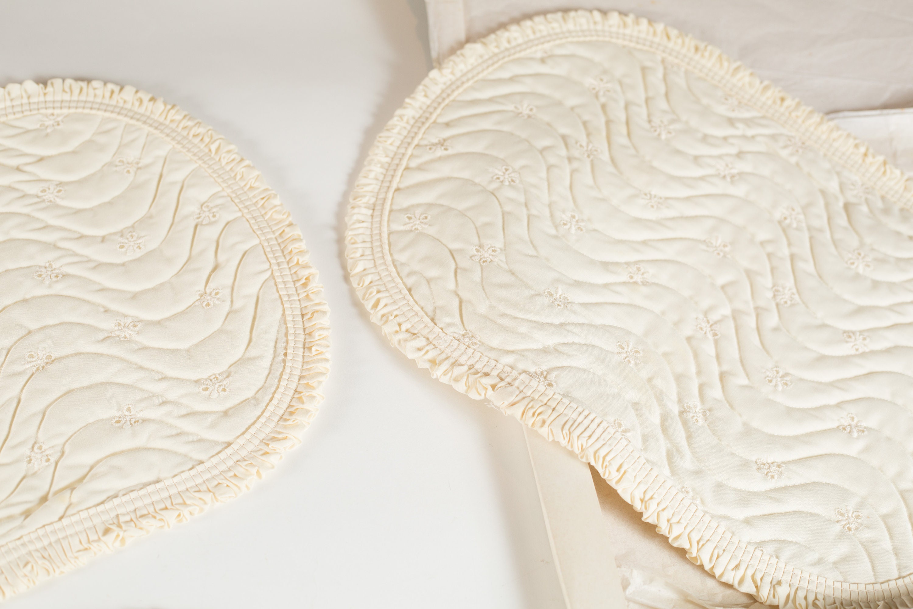 Vintage Ivory Placemats Sewn Set of 4 White Cut Fabric and Threaded