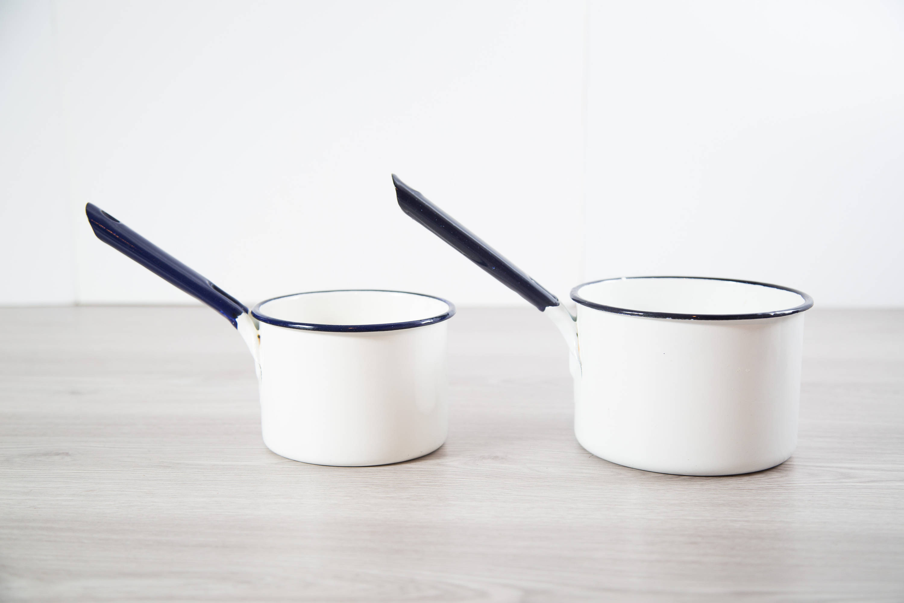 Enamel Cooking Pots / Pair of Vintage Blue and White Porcelain and