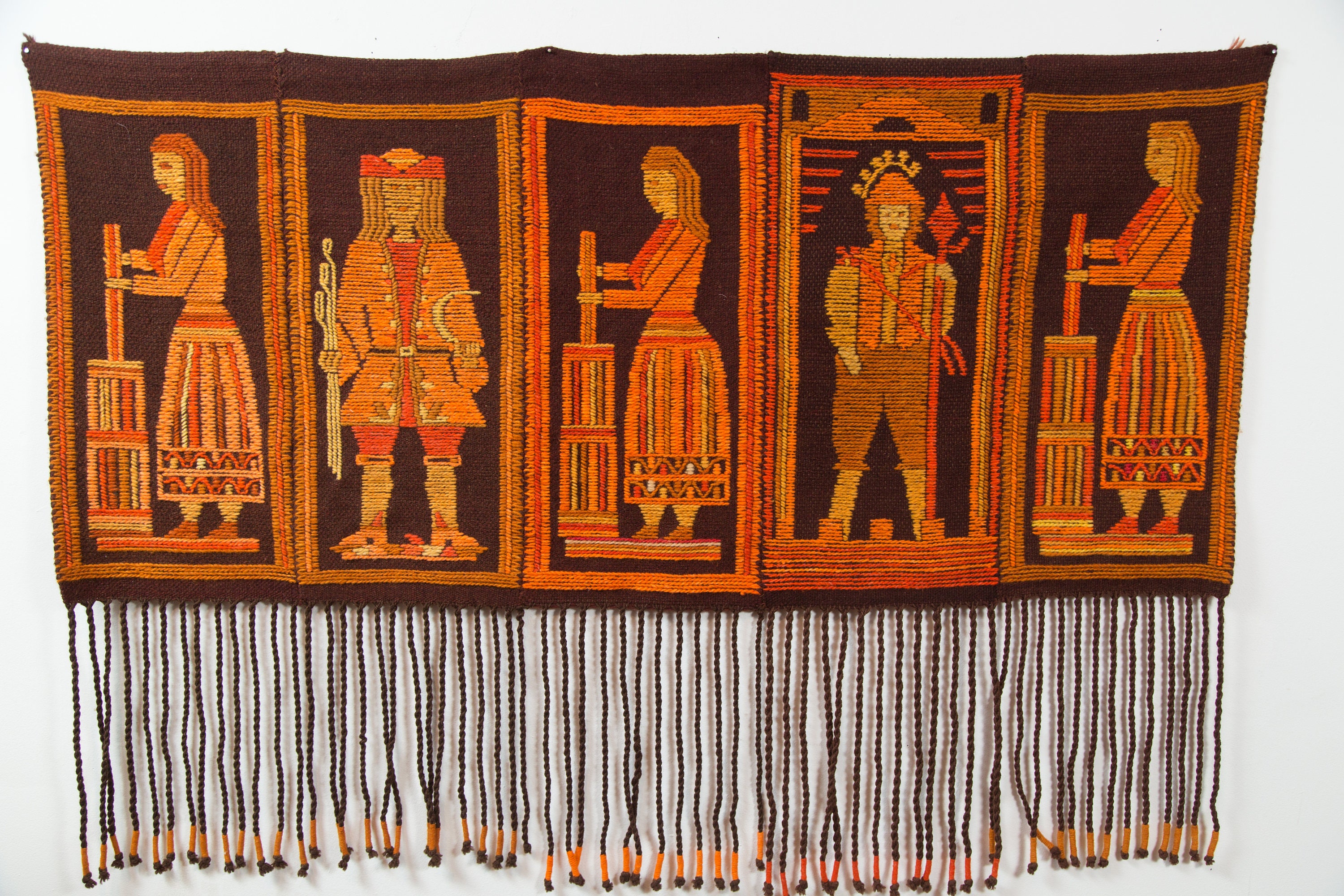 Vintage Boho Latch Hook Tapestry Wall Hanging /1970's Mid Century Modern  Minimalist Orange and Brown Dutch Hook Rug Fringe