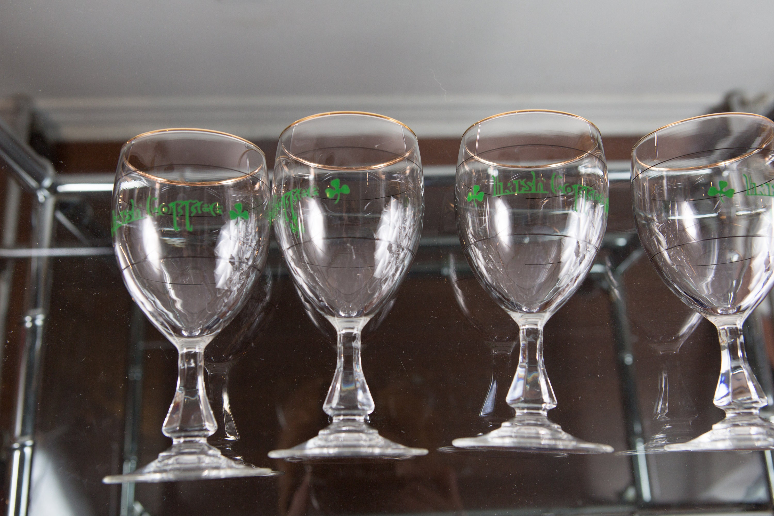 4 Irish Coffee Glasses Vintage Gold Rim Lucky Charm Specialty Coffee