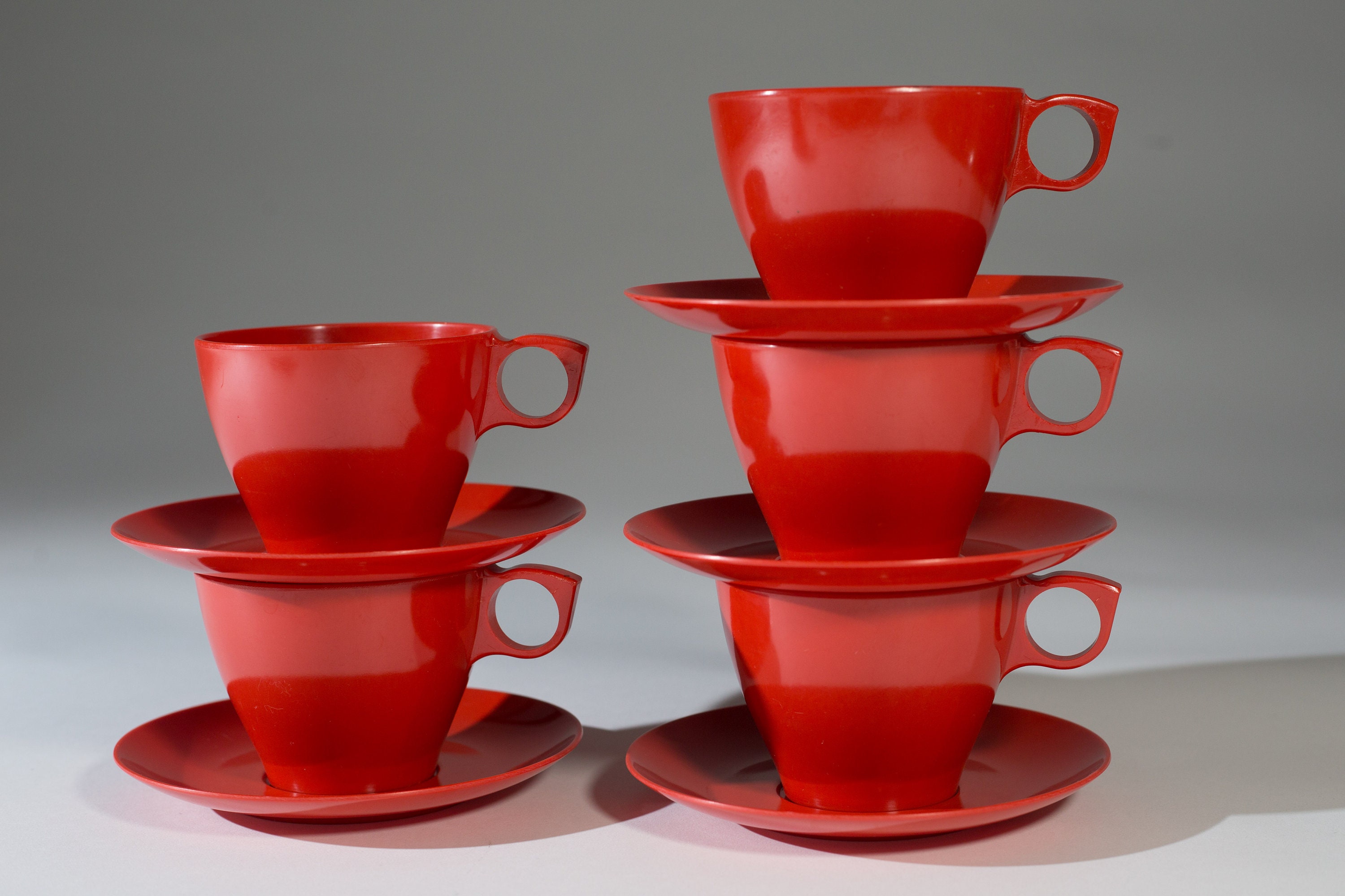 Red Malamine Cups and Saucers Set of Christmas Melmac Tea Cup with