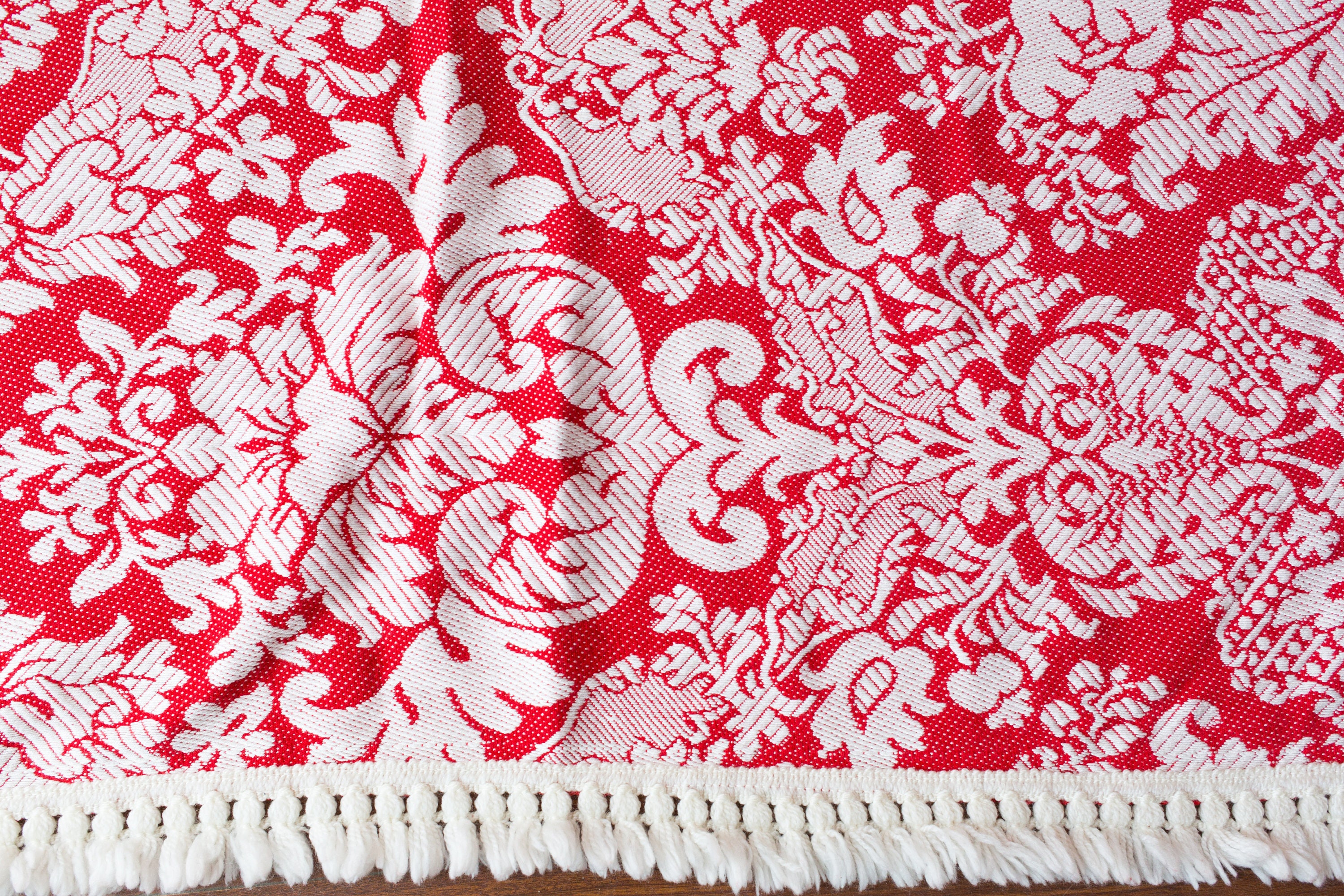 Vintage Bed Cover Ornate Damask Red and White Throw Blanket with
