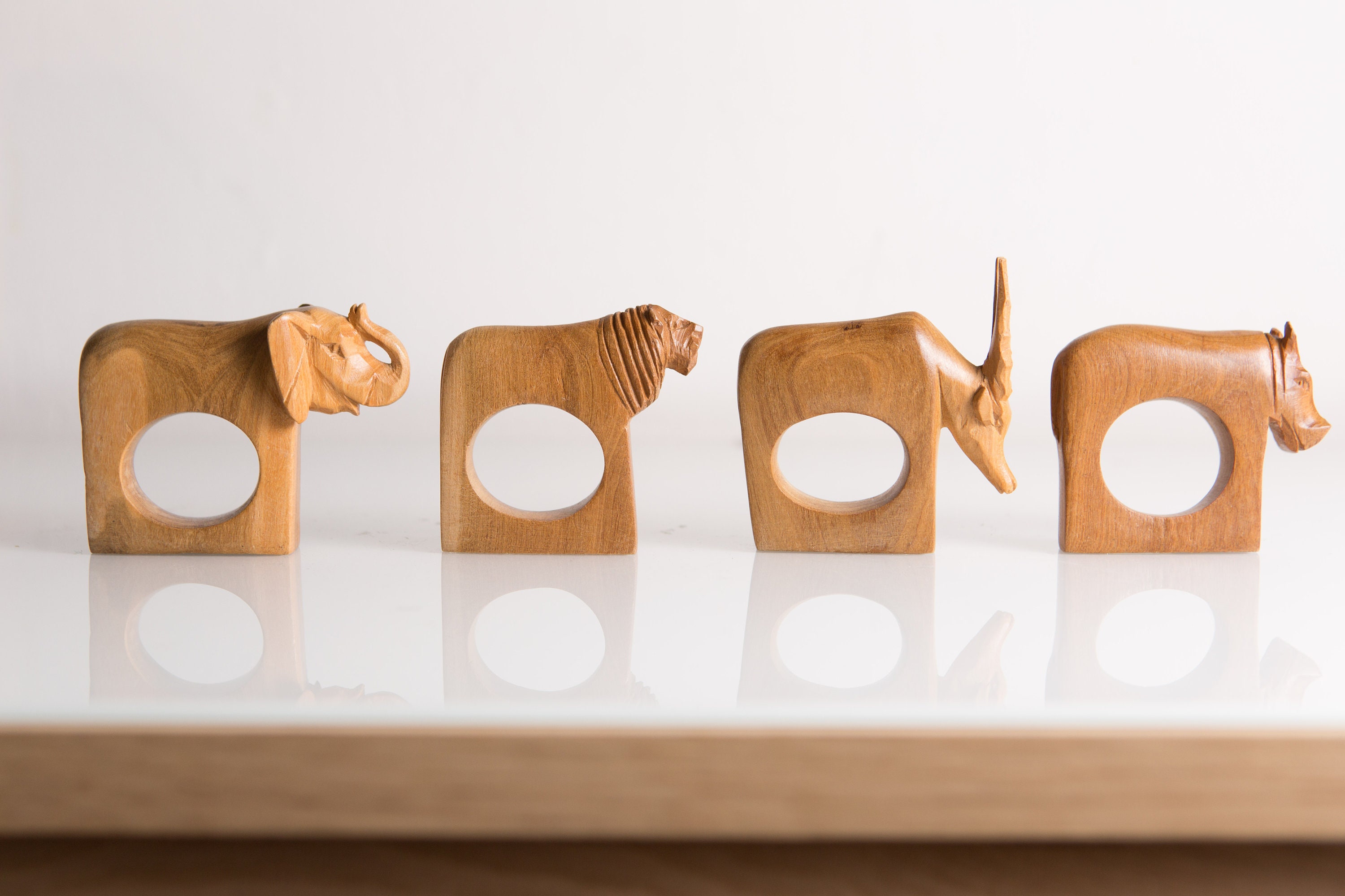 Hand Carved Wild Animal Wood Napkin Rings Set of 4 Vintage African