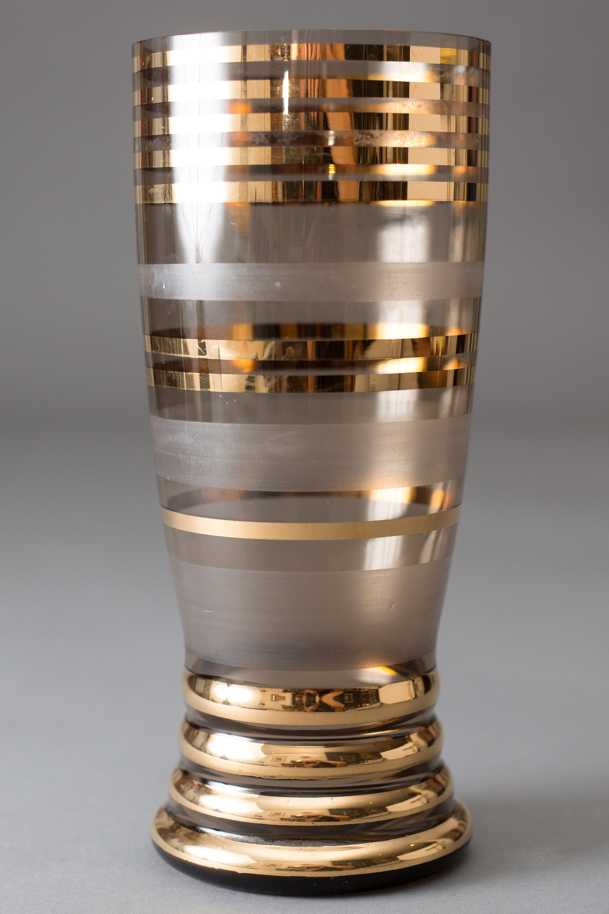 Large Borske Sklo Smokey Brown Glass Vase with Gold Stripes Metallic