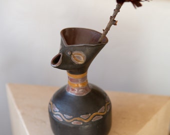 Southwest Ceramic Pot - Handmade Studio Ceramic Vintage Black Tribal Figural South American Boho Modern Decor