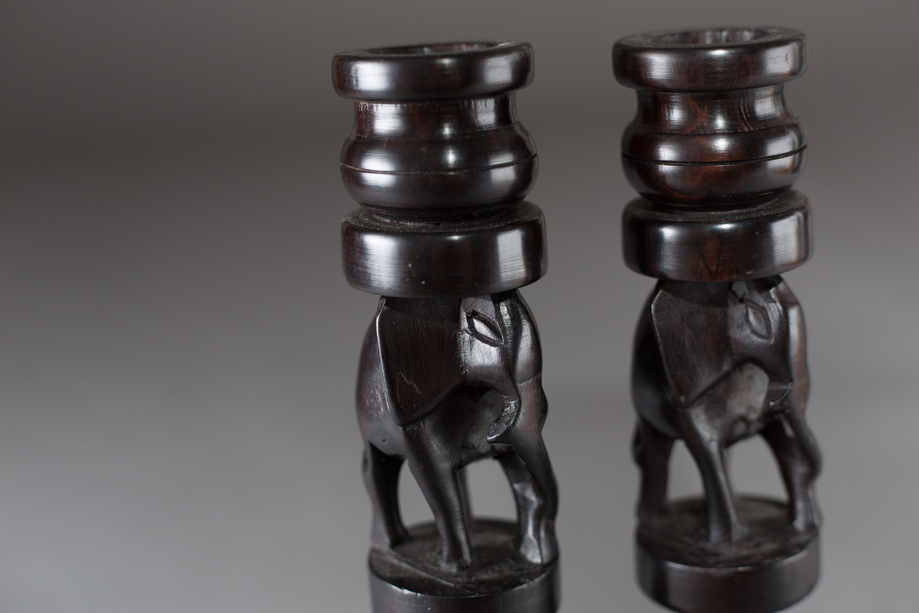 Ebony Candlestick Holders Vintage Dark Solid Wood Mahogany African