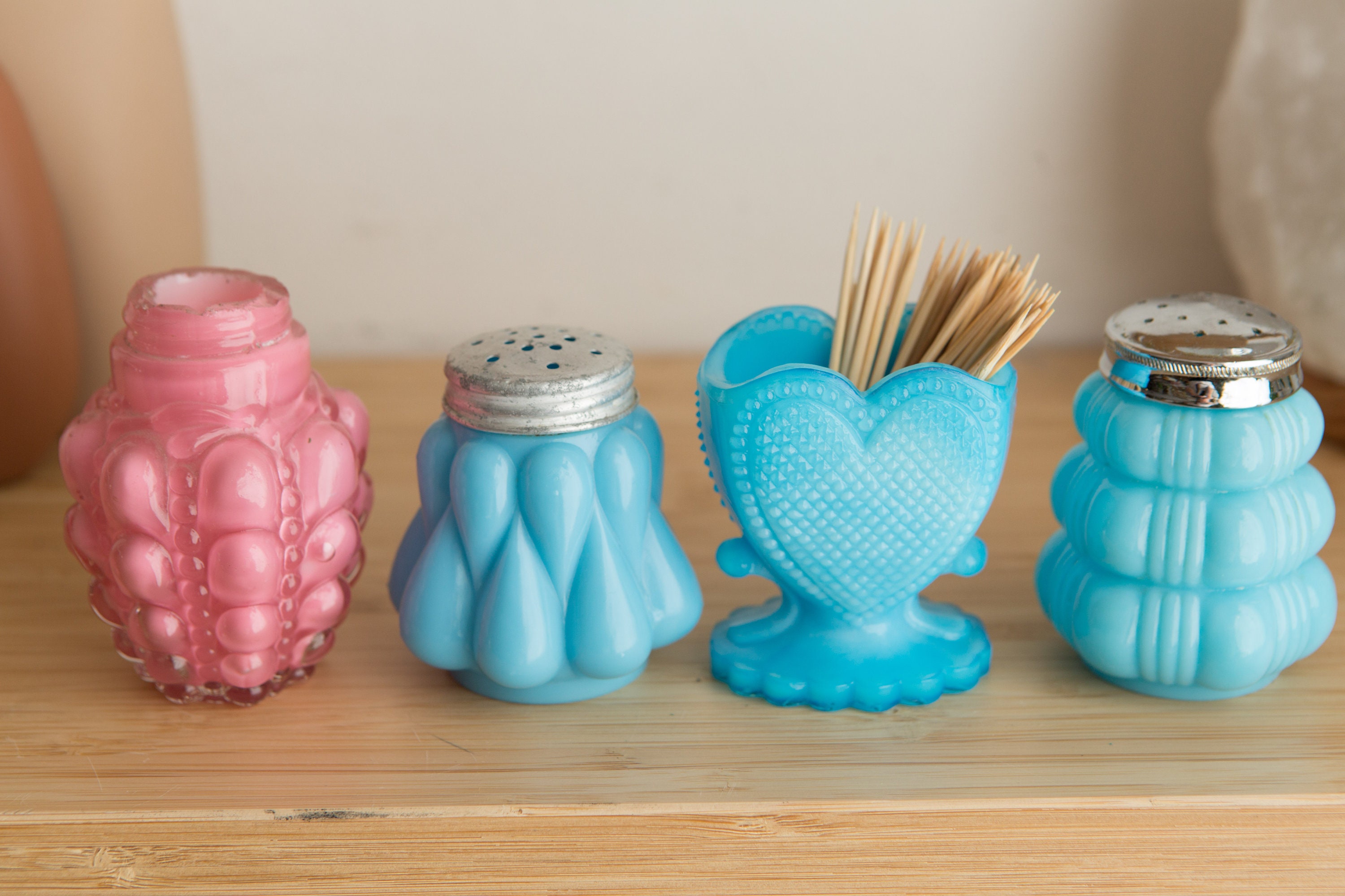 1800's Blue Glass Salt and Pepper Shakers EAPG Guttate Turquoise Blue