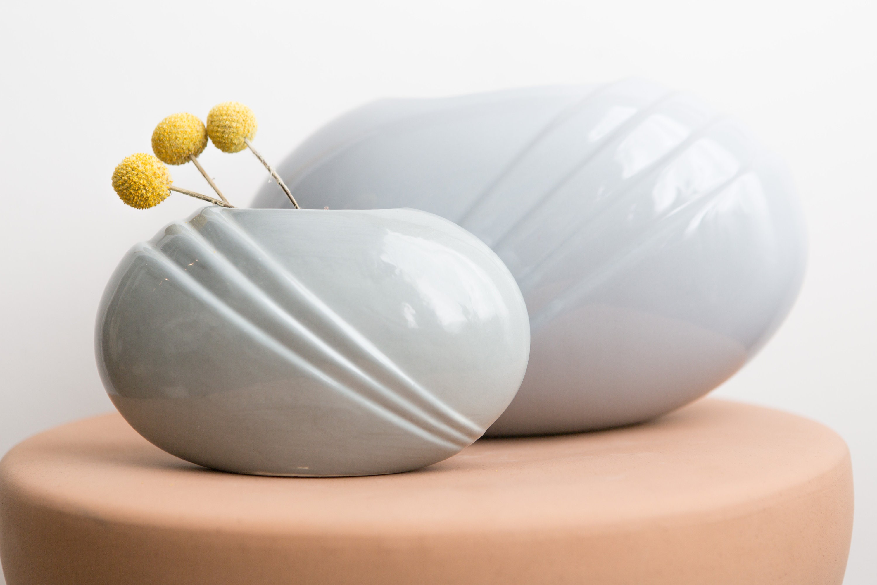 80's Grey Vases Vintage Art Deco Pastel Soft Grey Pleated Shell Vases