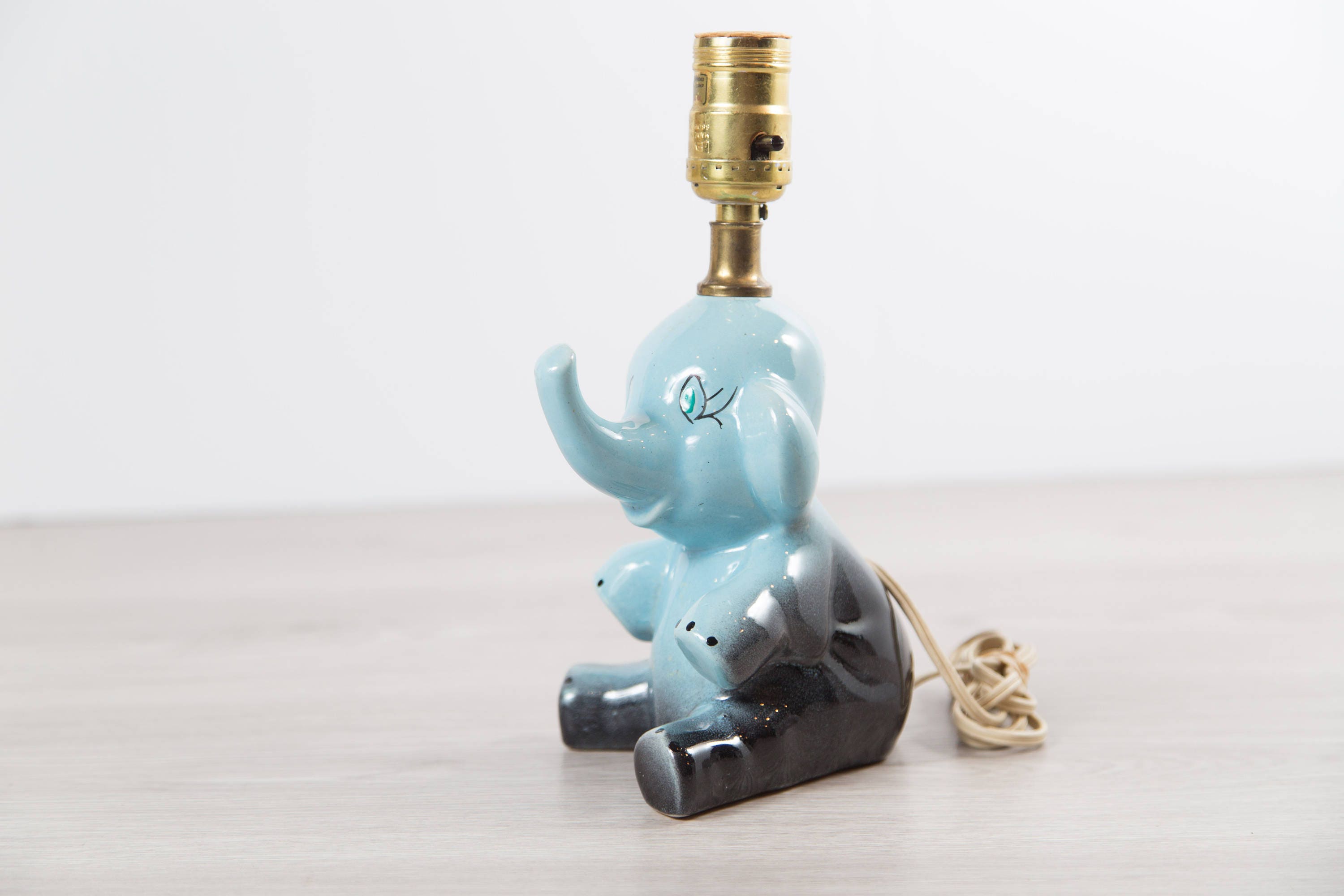 Vintage Elephant Lamp / Ceramic Ombre Blue Sitting Baby Elephant Light for Nursery or Baby's
