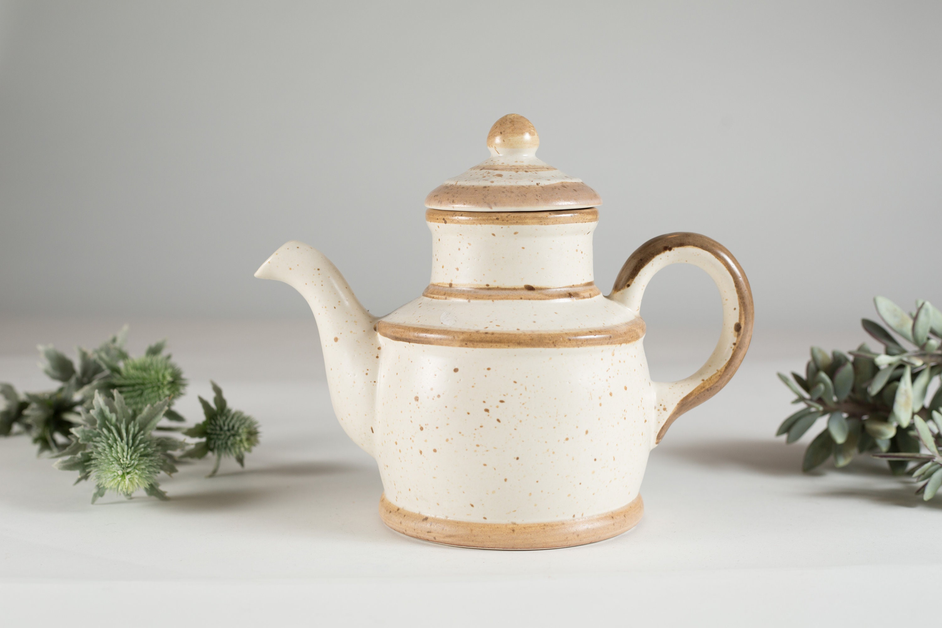 Minimalist Teapot Vintage Speckled Ivory and Brown Tea pot Ceramic