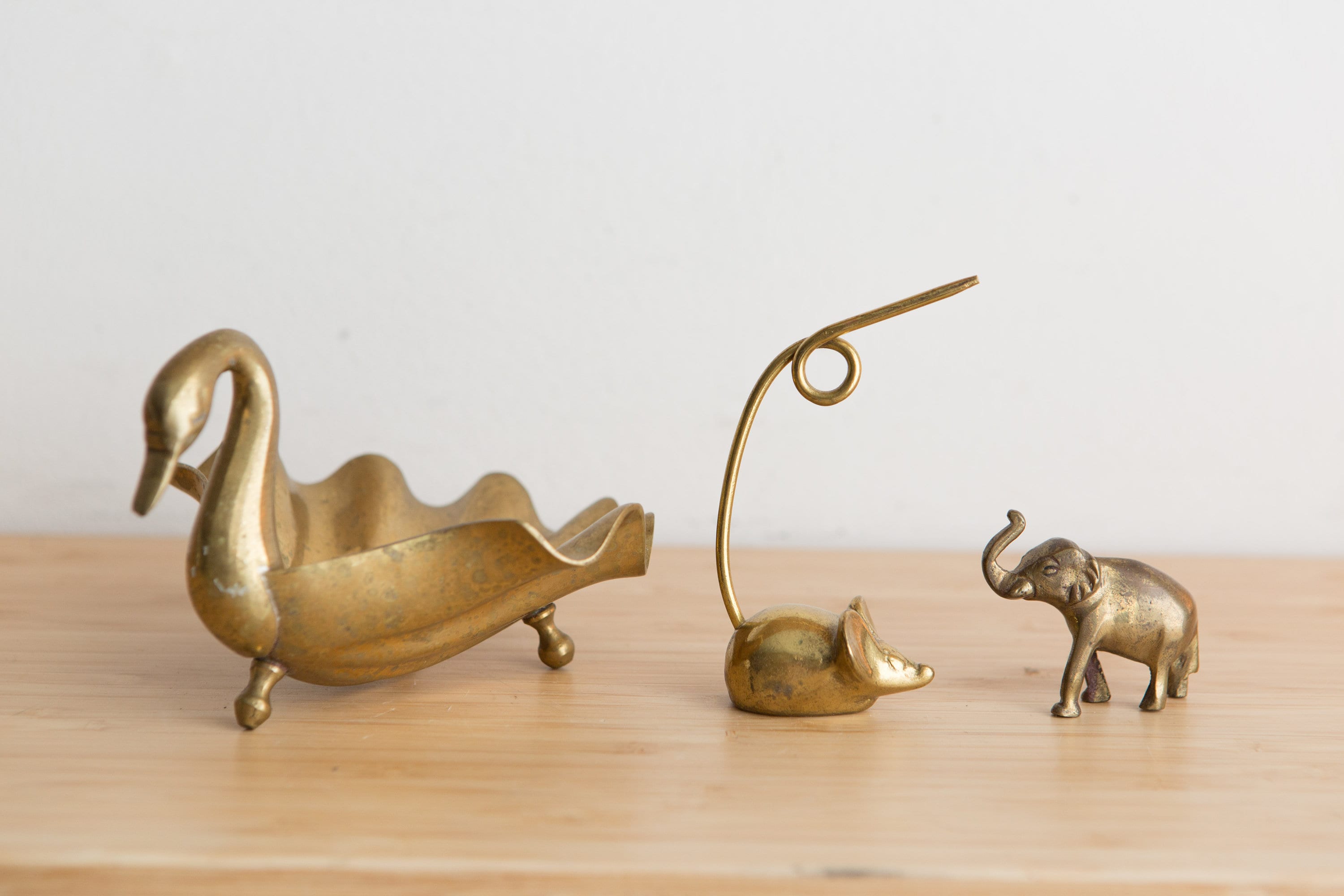 Vintage Brass Swan, Mouse and Elephant - Gold Colored Desk Figurines -  Girls / Boys Room - Ring Dish -Baby Shower Gift - Modern Boho Decor