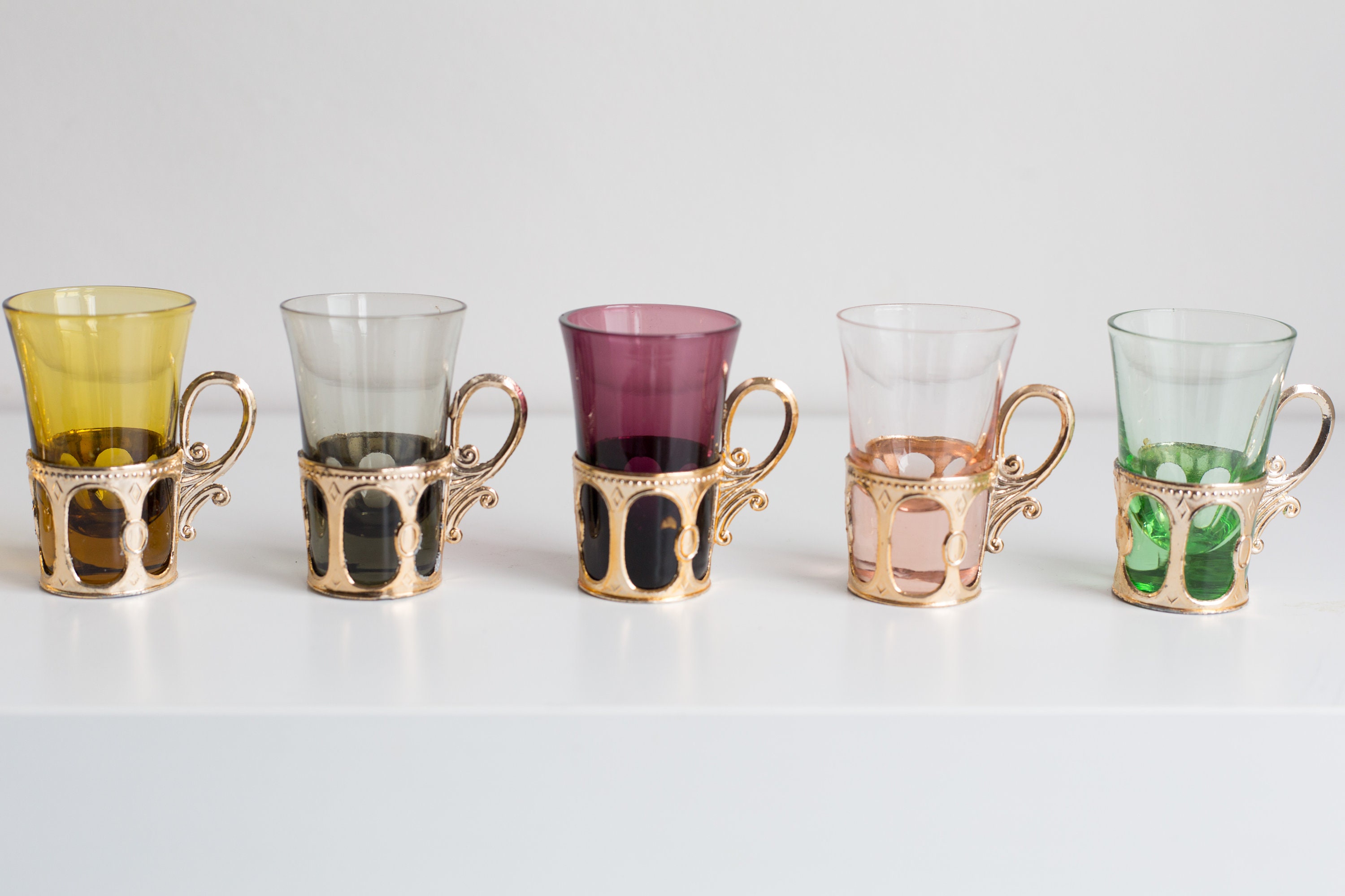 Vintage Shot Glasses Ornate Encased Apéritif Iridescent Glass with