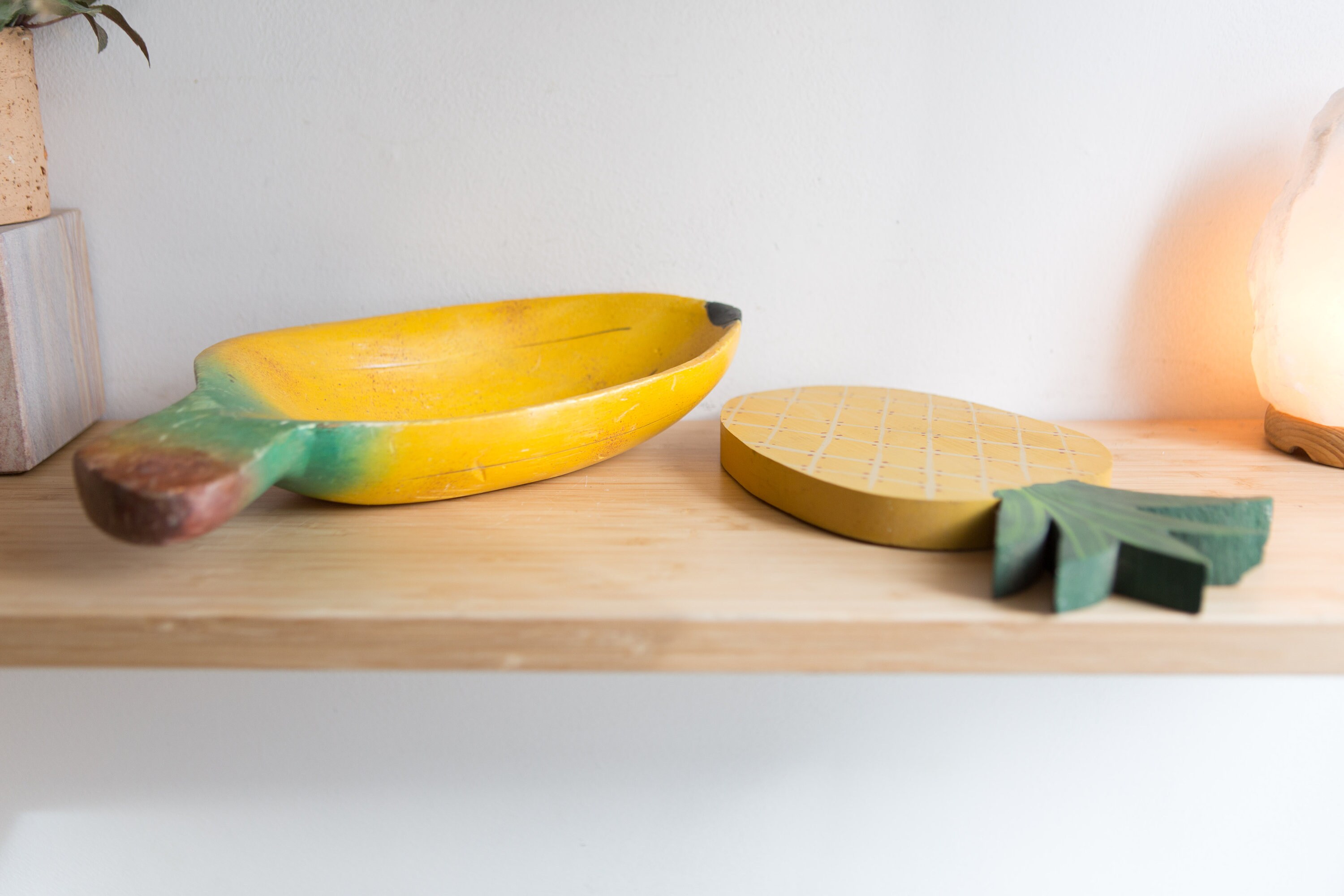 Wood Pineapple Tray and Banana Bowl Pair Vintage Solid Exotic Wood