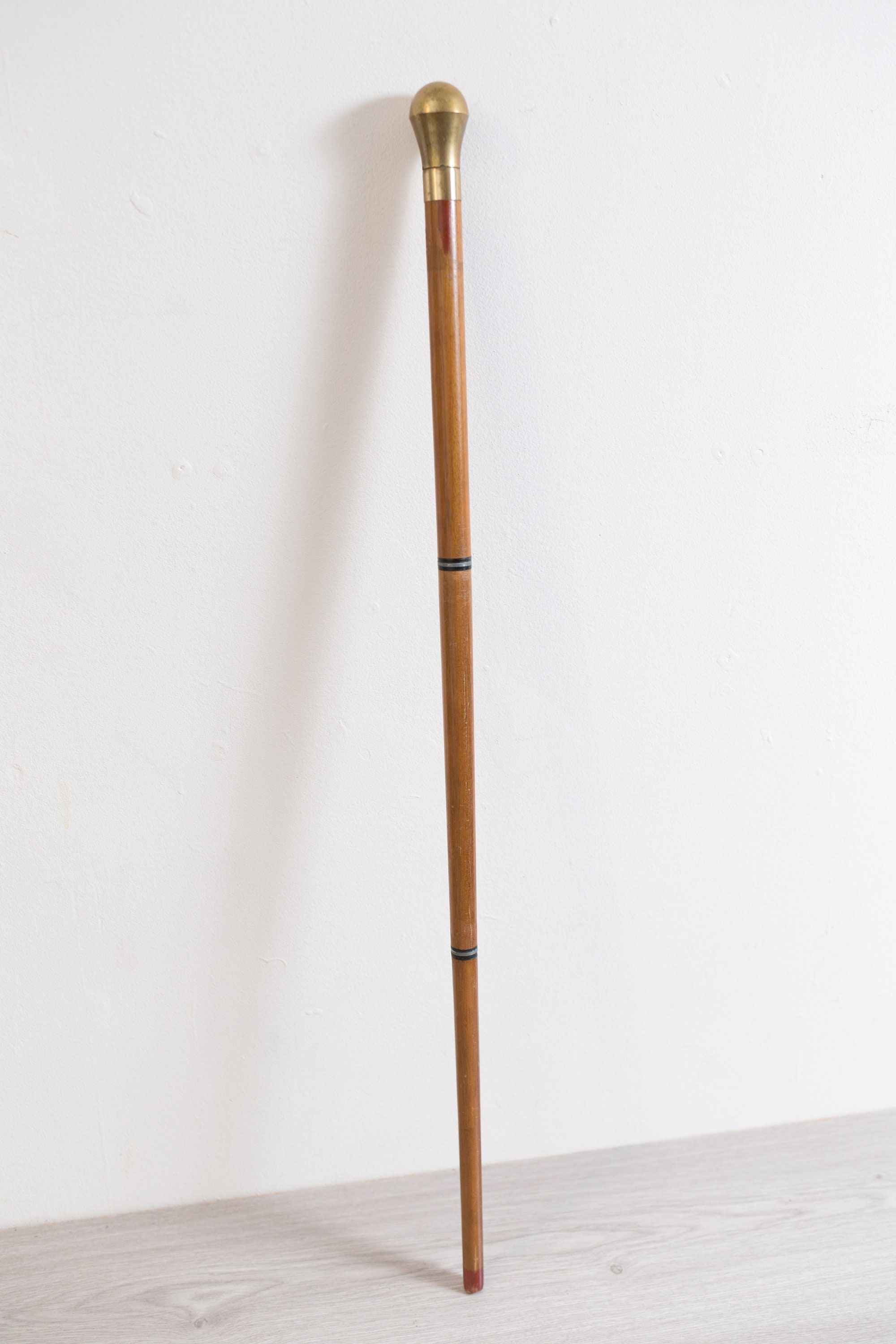 Vintage Wooden Cane Natural Wood Walking Stick with Brass Handle and