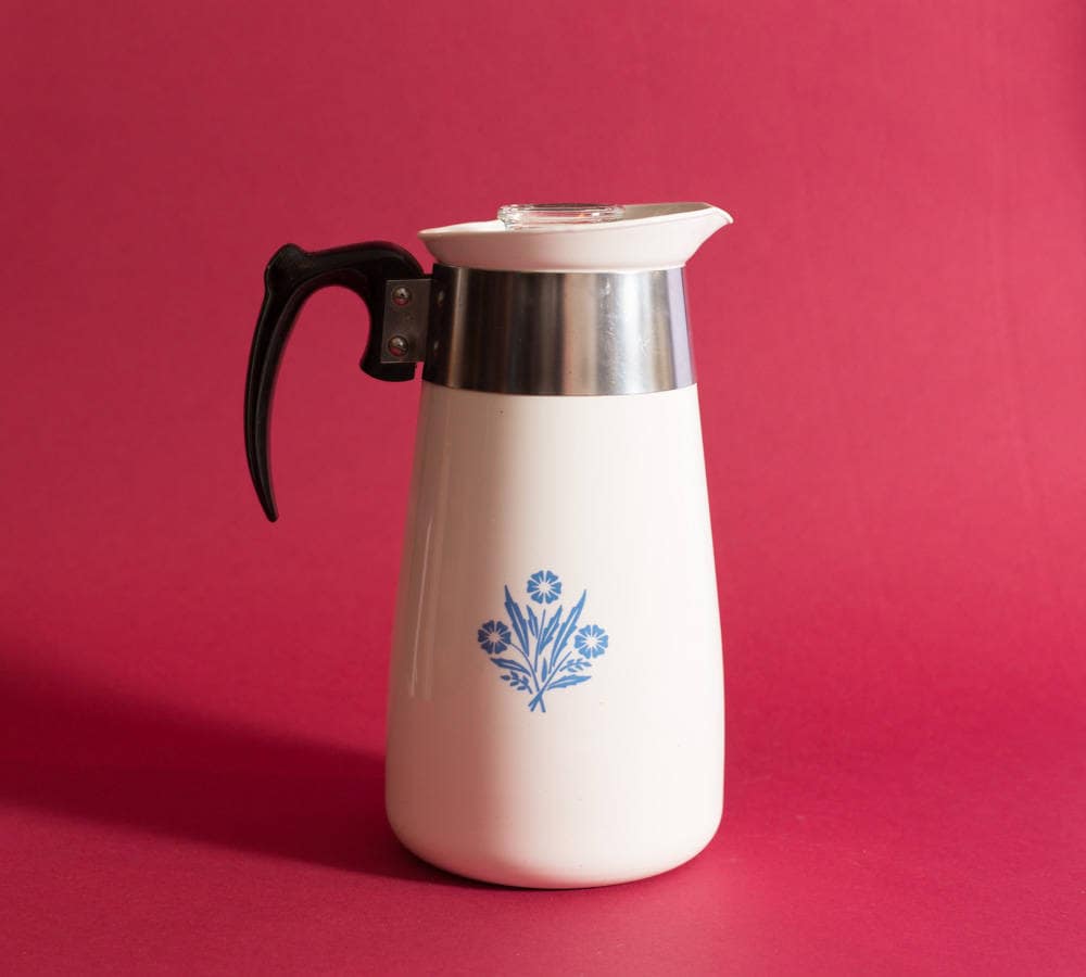 1959 Vintage Corning Ware P-108 8 Cup Coffee Percolator / NOT RECALLED /  8-cup Filter Coffee Maker Pour Over Thermal Thermos / White Blue