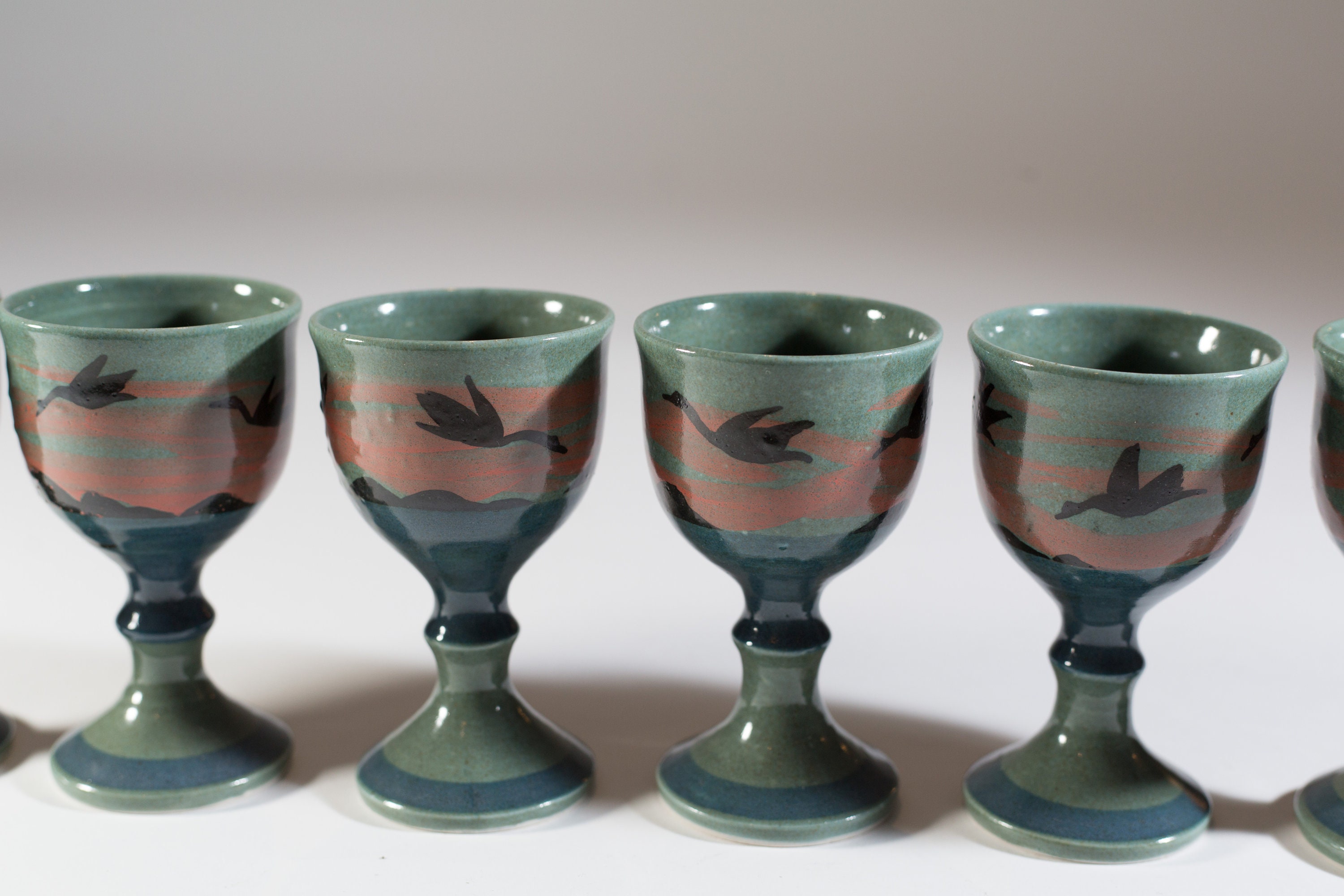 6 Ceramic Wine Goblets Handmade green and blue Earthy Vintage Wine