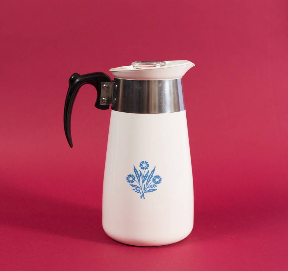 1959 Vintage Corning Ware P-108 8 Cup Coffee Percolator / NOT RECALLED /  8-cup Filter Coffee Maker Pour Over Thermal Thermos / White Blue
