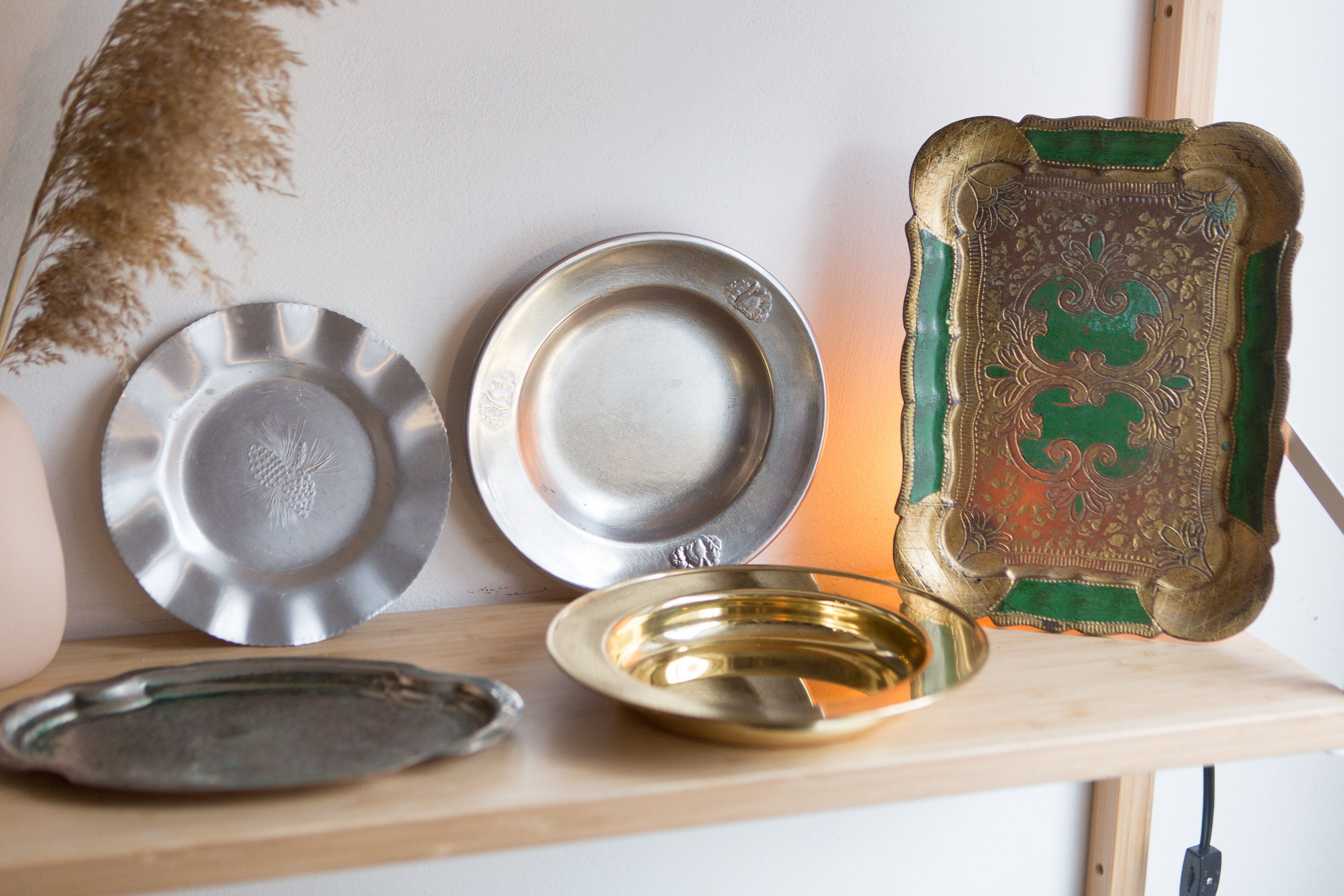 5 Decorative Trays Vintage Pewter, Brass, Aluminum