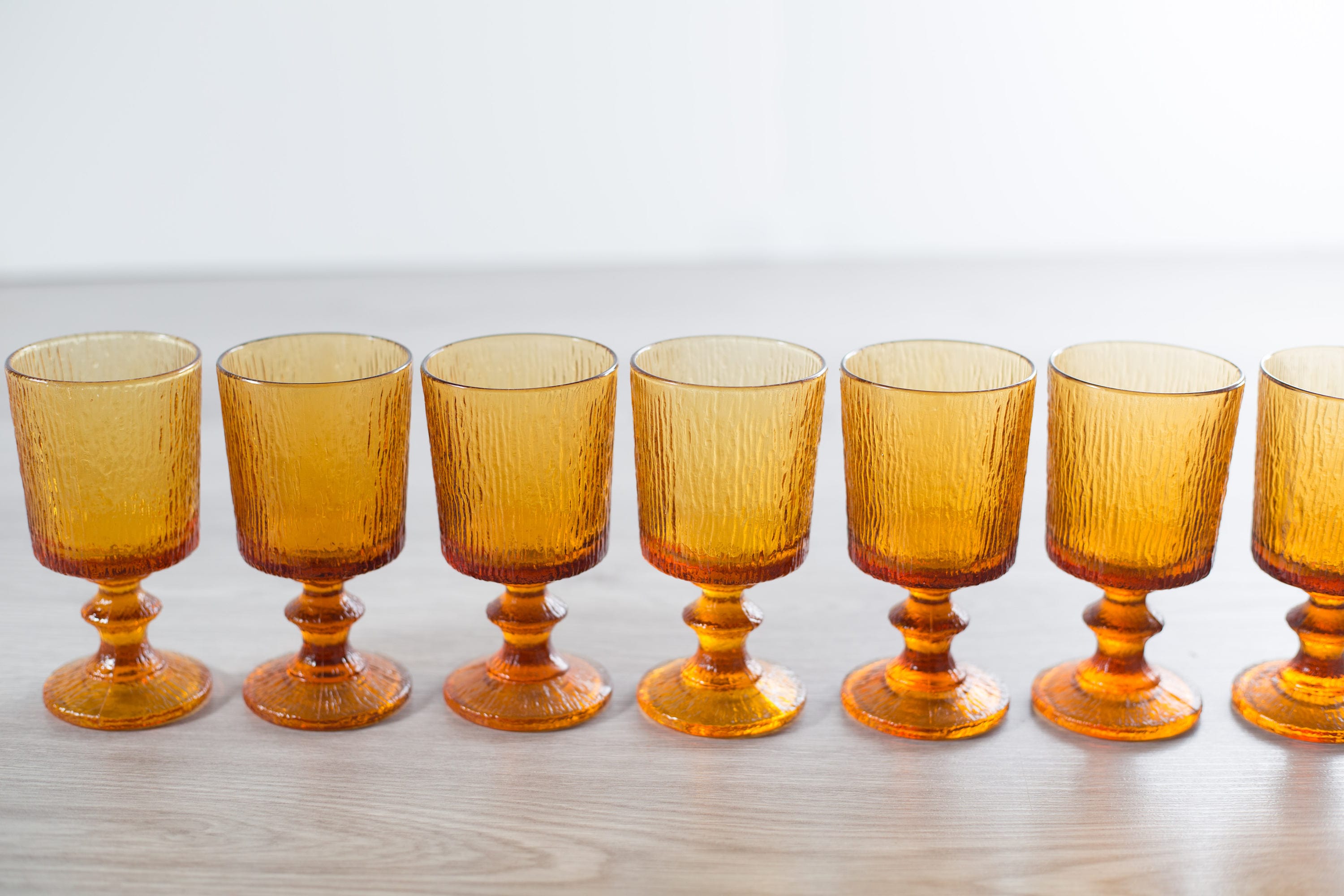 8 Vintage Amber Goblets / Set of 8 Amber Colored Textured Wine Glasses