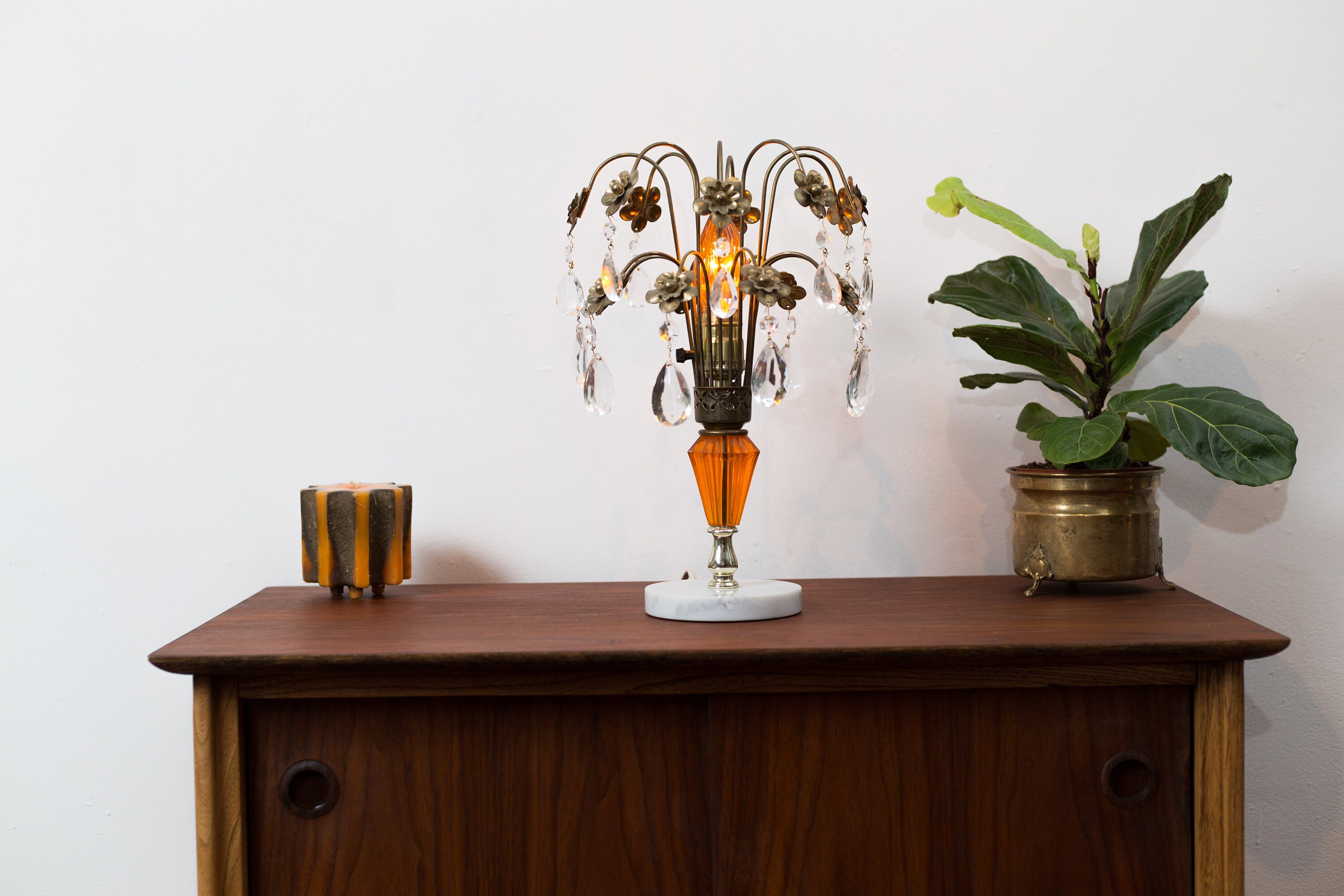 Orange Gypsy Lamp Glass, Marble and Metal Bedside Table Lamp with