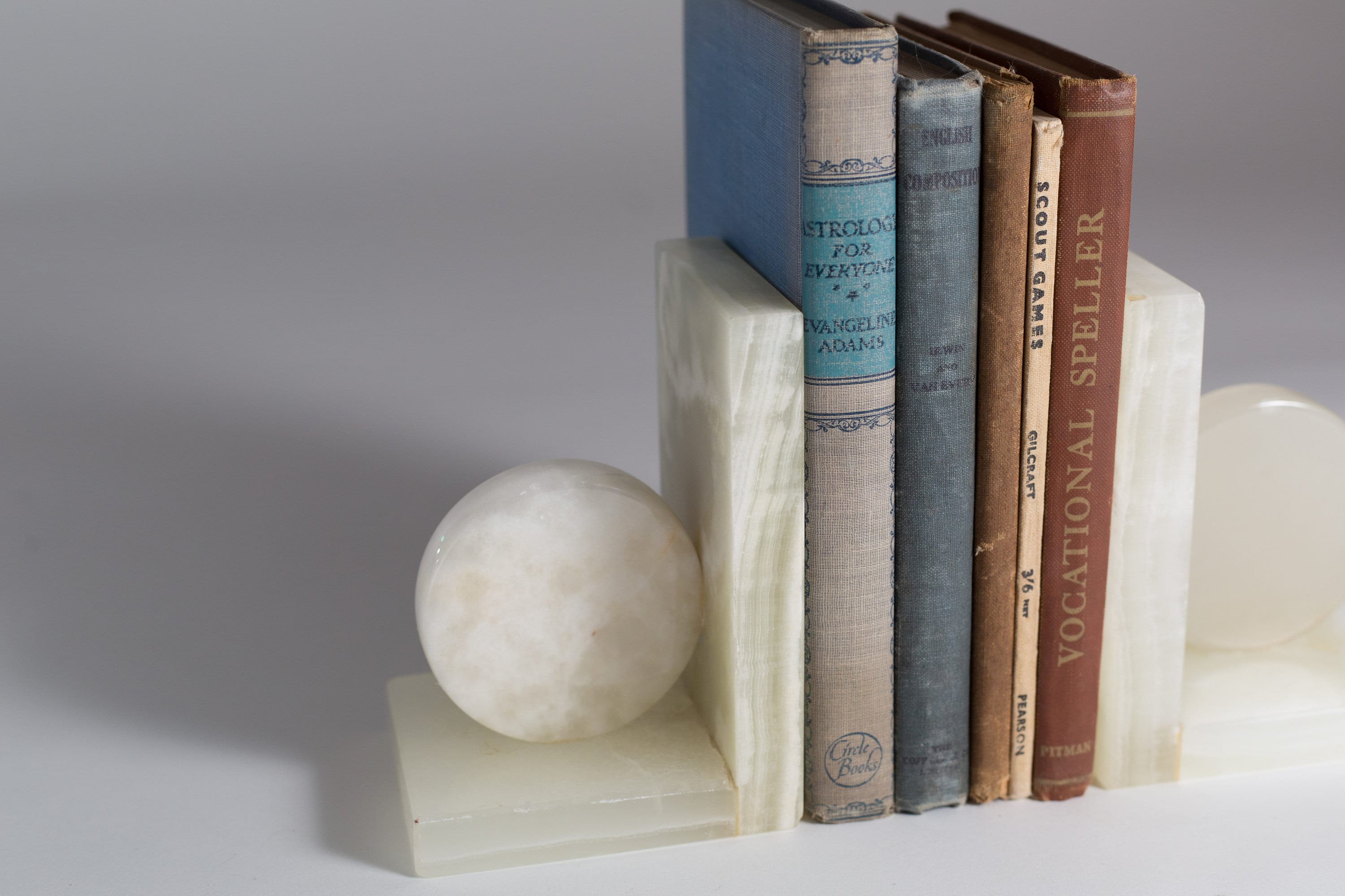 Vintage Stone Bookends Marbled Cream White Round Geometric Bookends