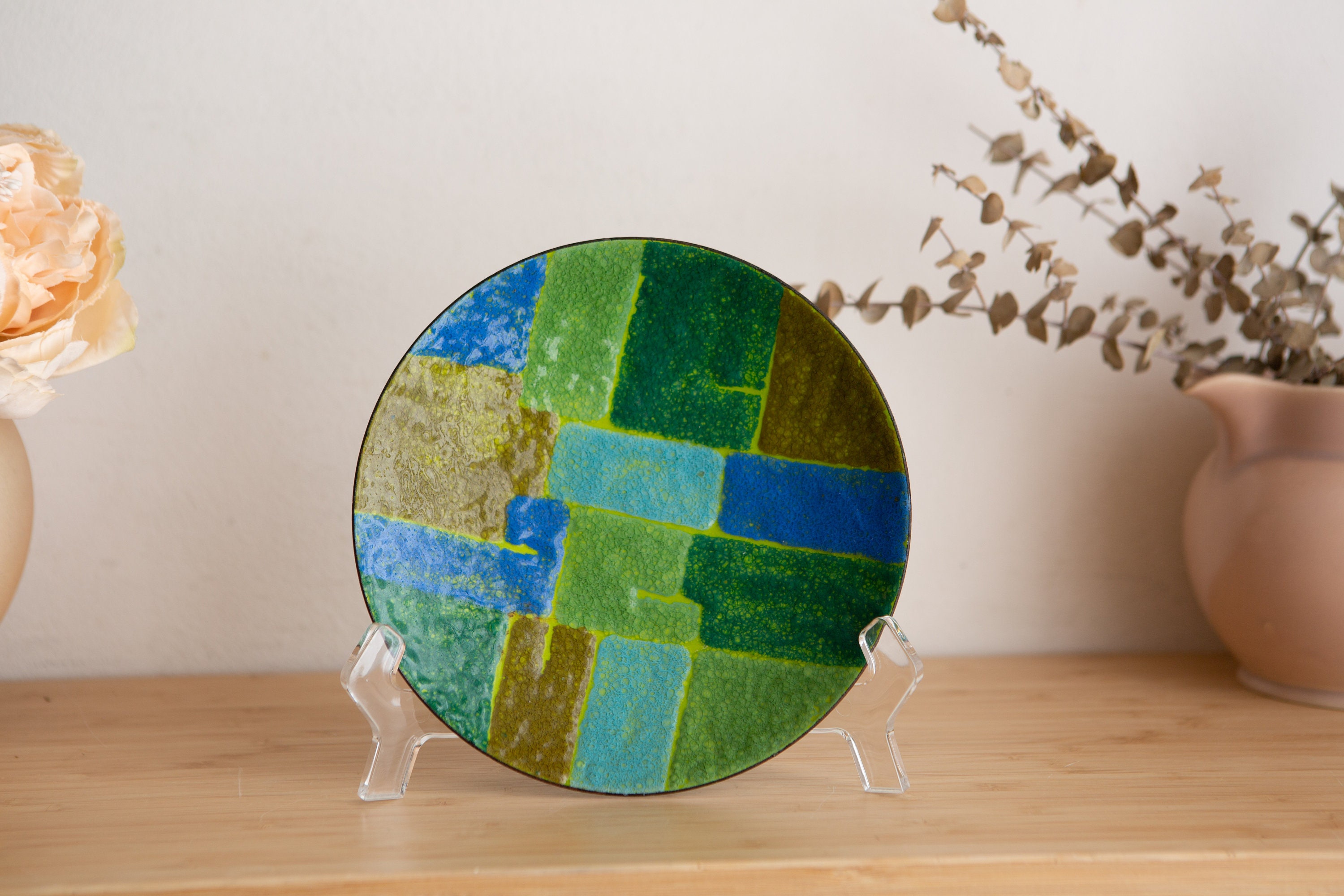 Enamel Art Plate Green and Blue Decorative Mid Century Modern Artist