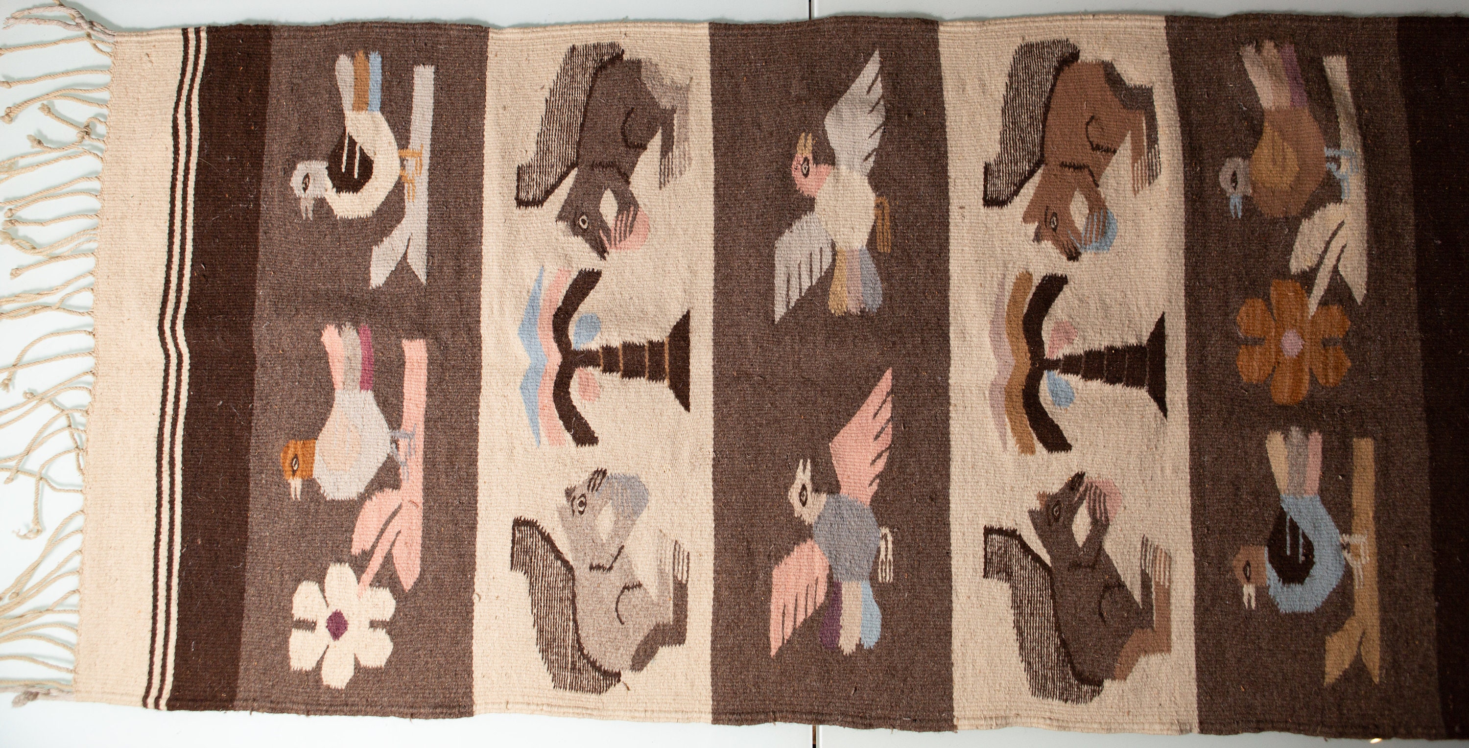 Vintage Accent Rug or Wall Hanging with Squirrels, Birds Brown and