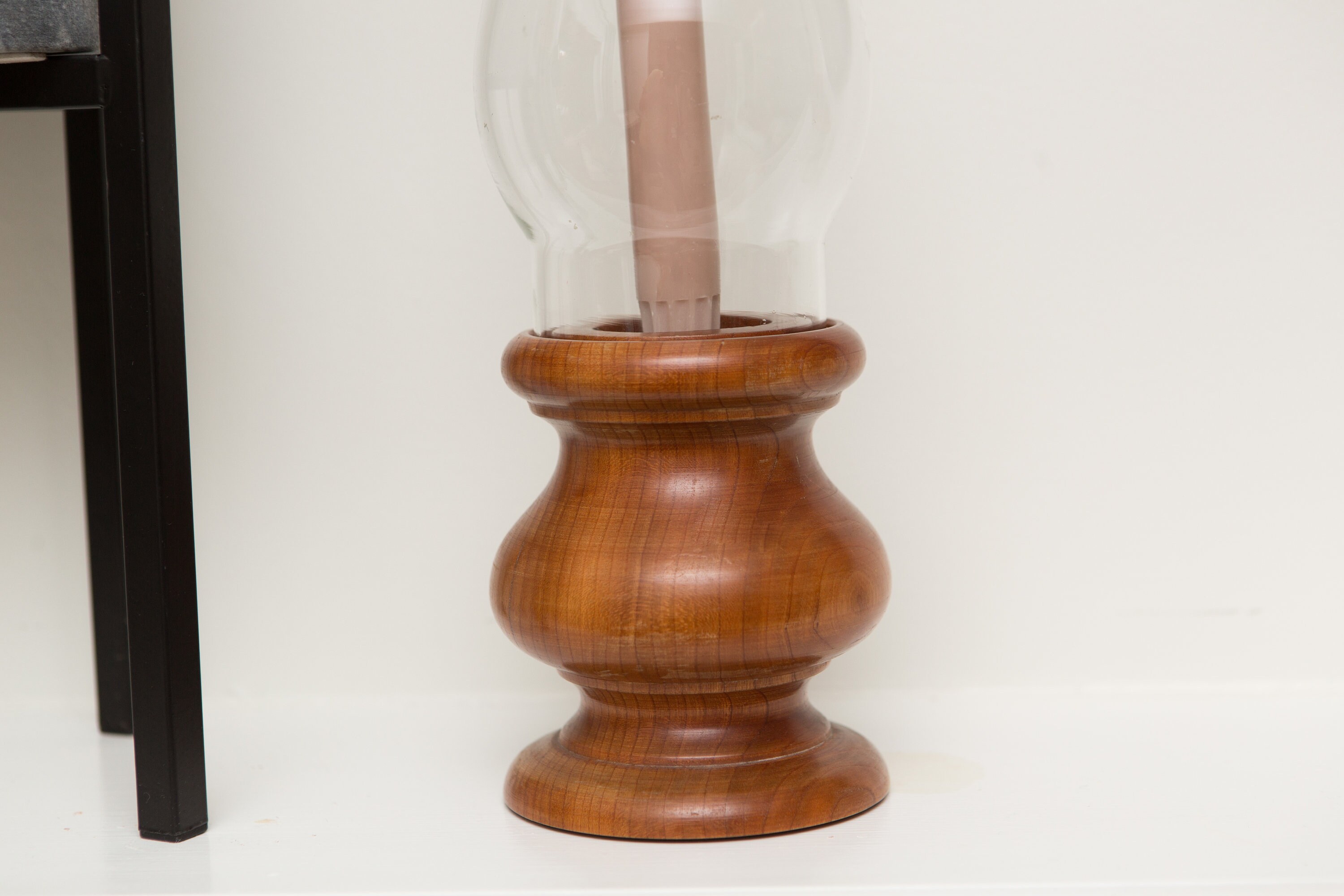 Chimney Candle Lantern Carved Spun Wood and Glass Candlestick Holders