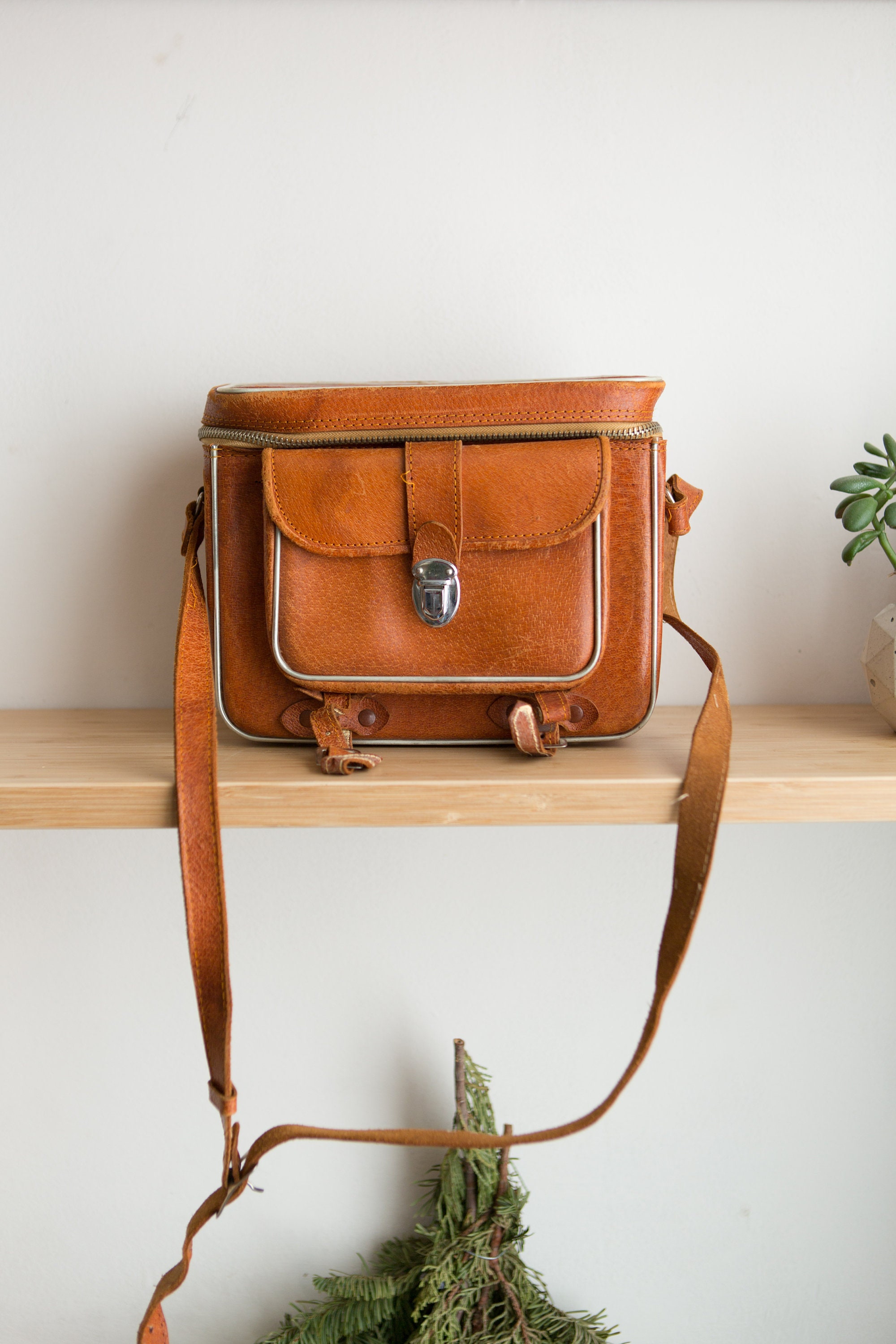 Vintage Leather Camera Bag Tan Brown DSLR Carrying Case with Brass Buckles and Shoulder Strap