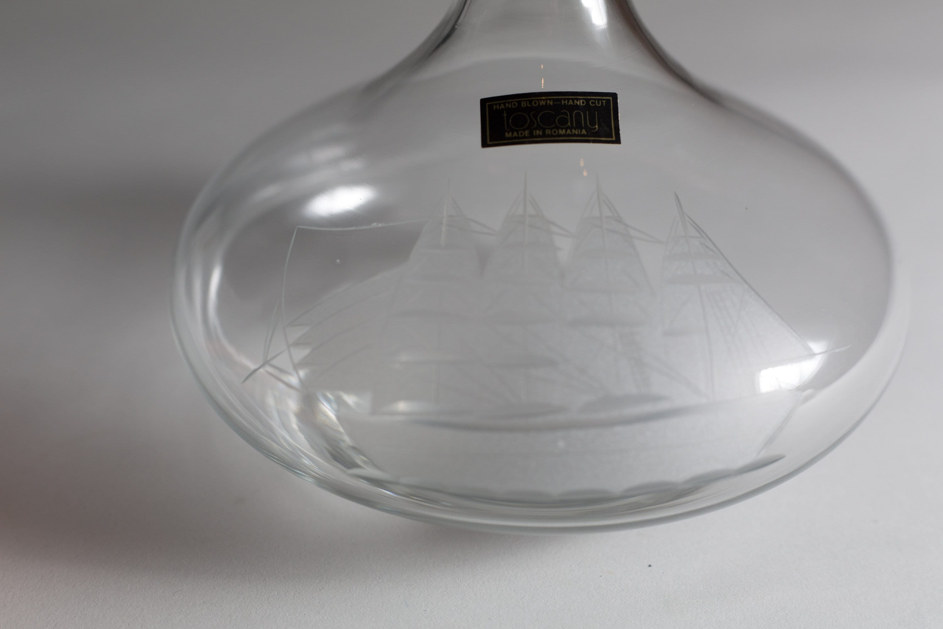 Crystal Glass Decanter Nautical Sailing Ship Vintage Etched Glass