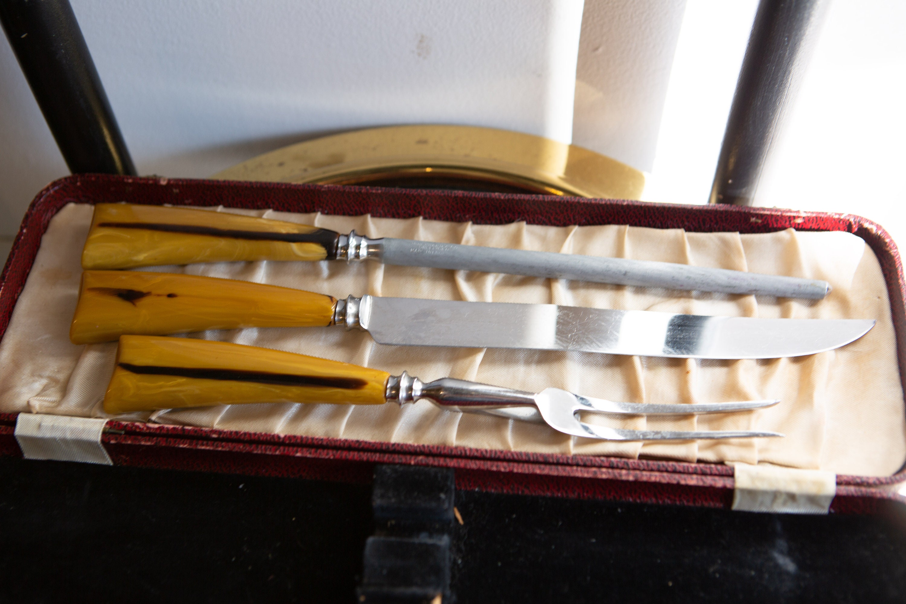 Bakelite Knife Set / 3Piece Vintage Sheffield Knife, Fork, Sharpener