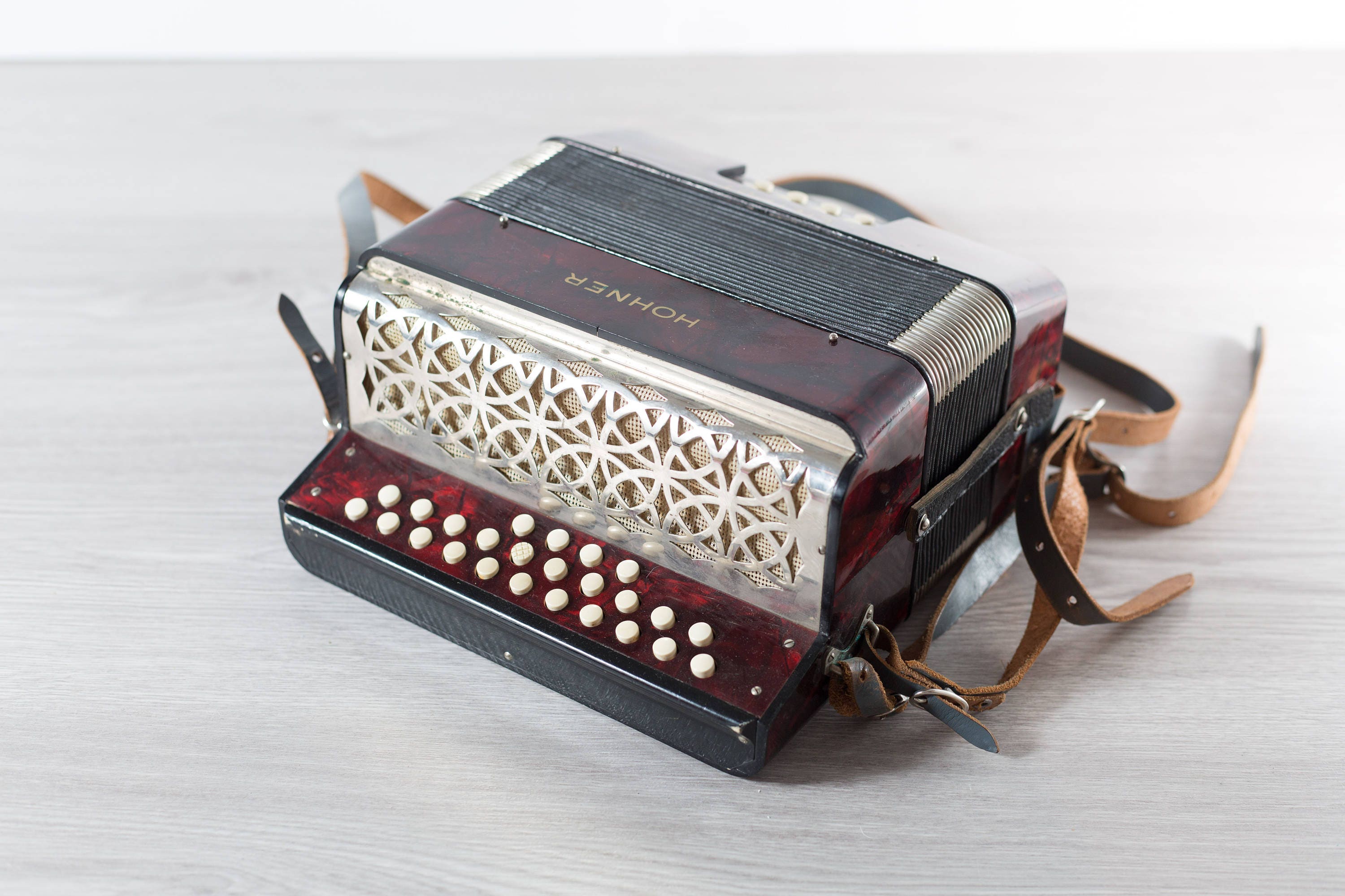 Hohner Lilput Accordion Vintage Red Marbled Working Folk Musical
