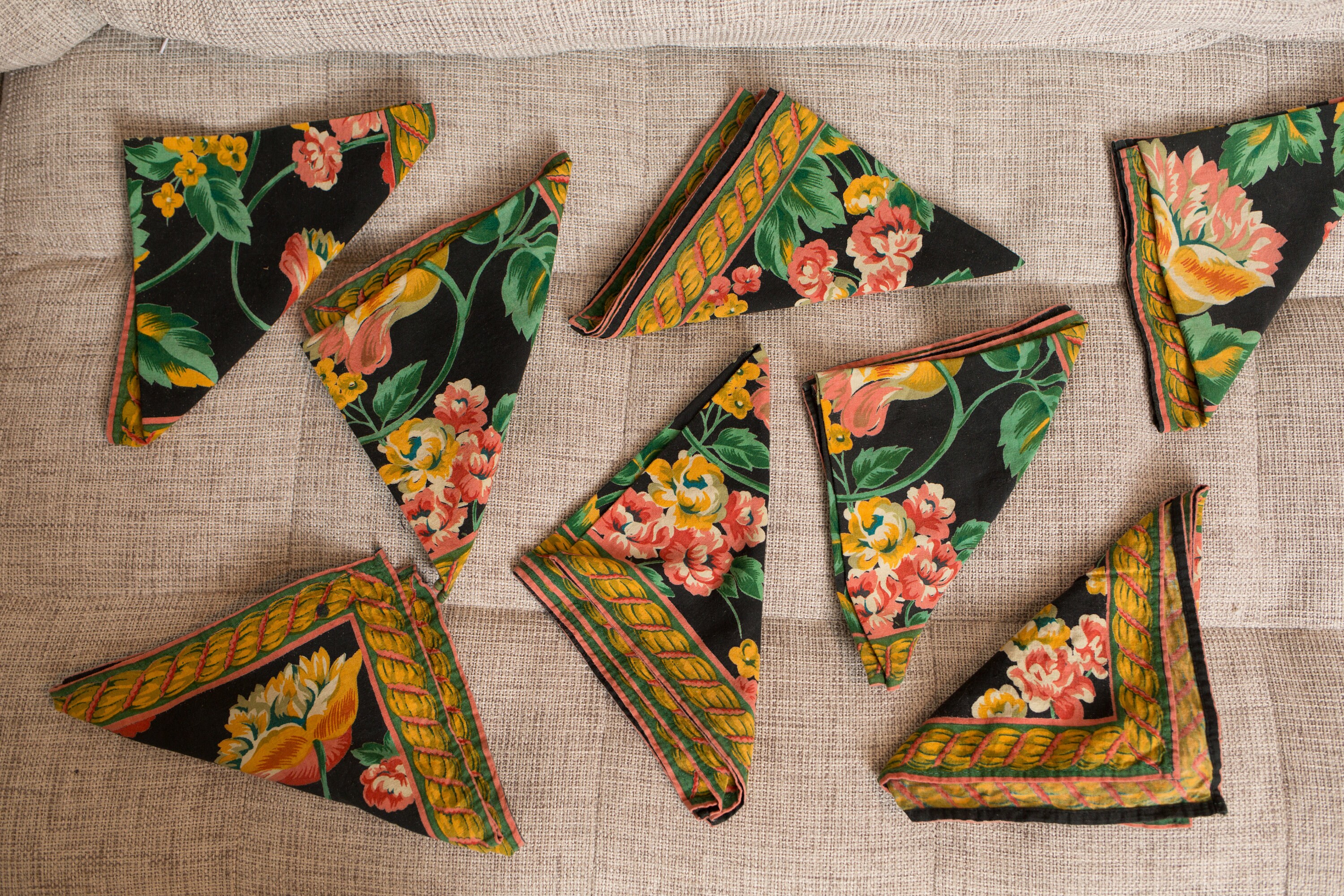 8 Vintage Fabric Napkins Vintage Black Floral Screen Printed Napkins