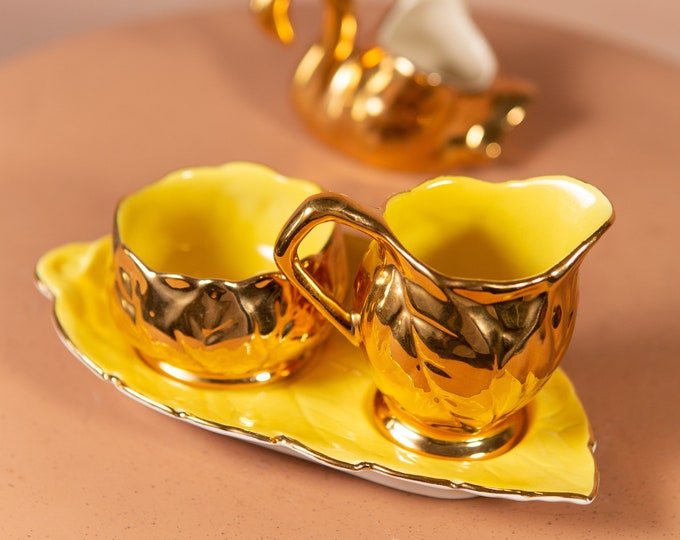 Vintage Ceramic Creamer / Sugar - Yellow and Gold Royal Winton Tea Set with Gold Painted Swan