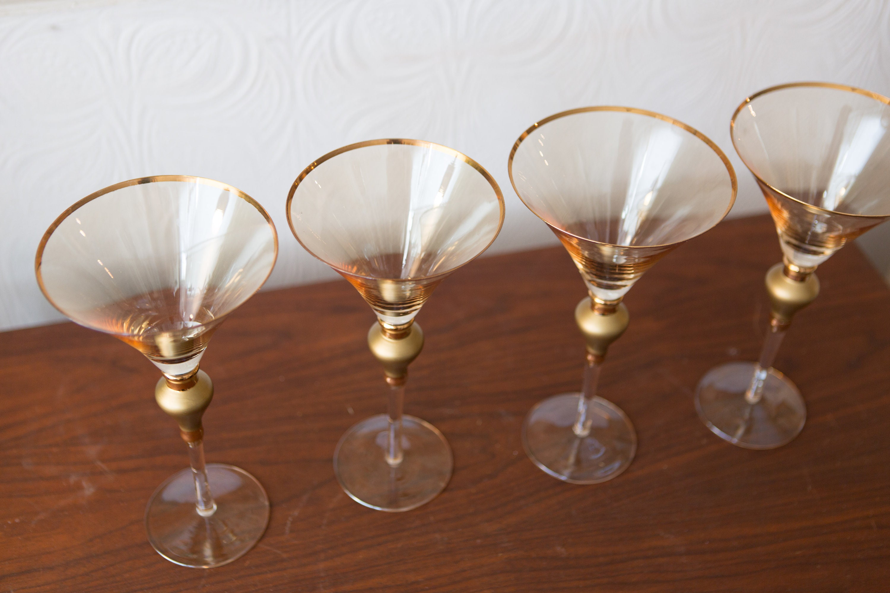 4 Vintage Large Martini Glasses with solid Bubbled Stem and Gold Detail-  10oz Hollywood Regency Great Gatsby Style Cocktail Glass Barware