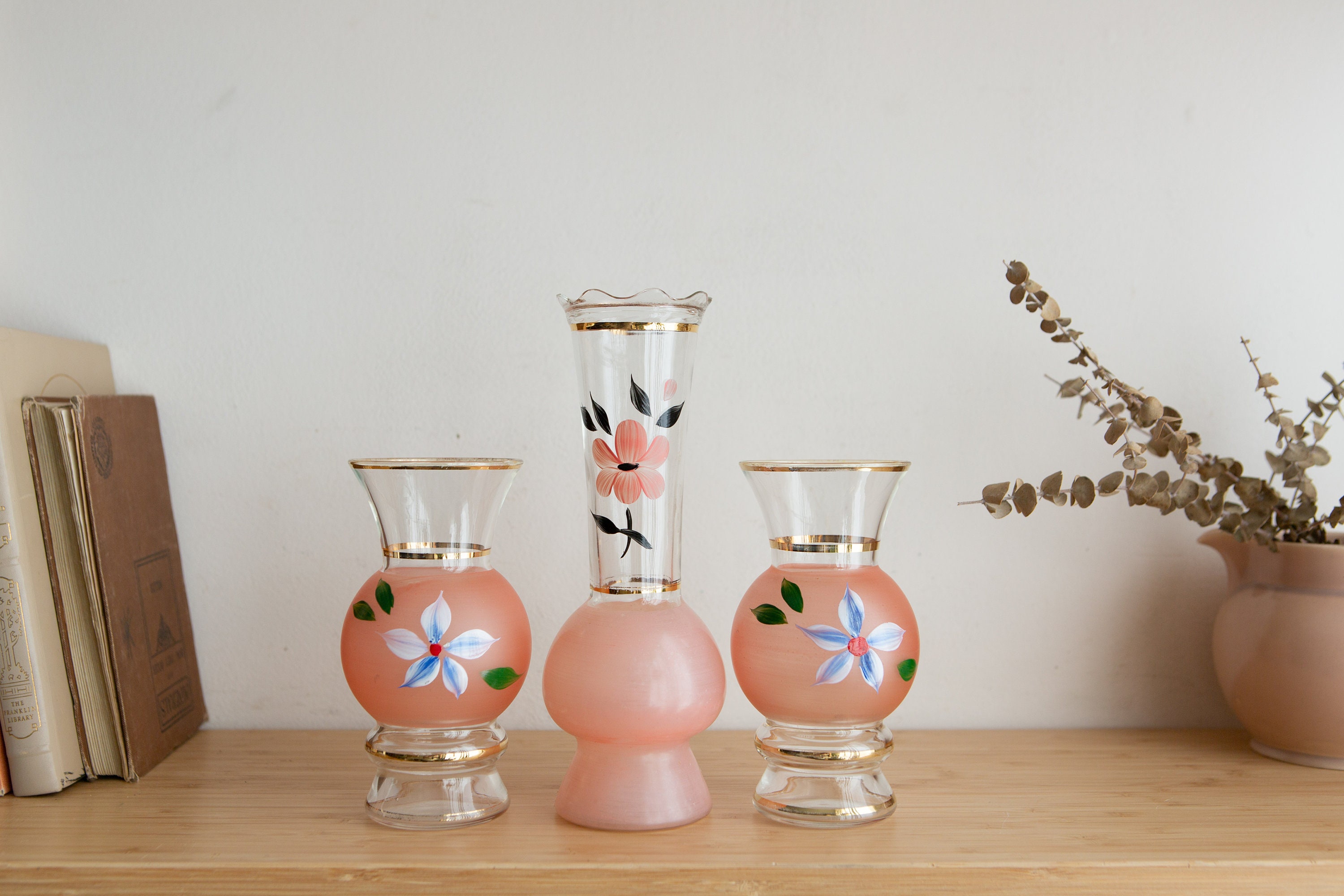 3 Vintage Pink Glass Bud Vases - Bubbled Painted Small And Tall Flower Vase  - Granny Chic Decor - Art Deco Style