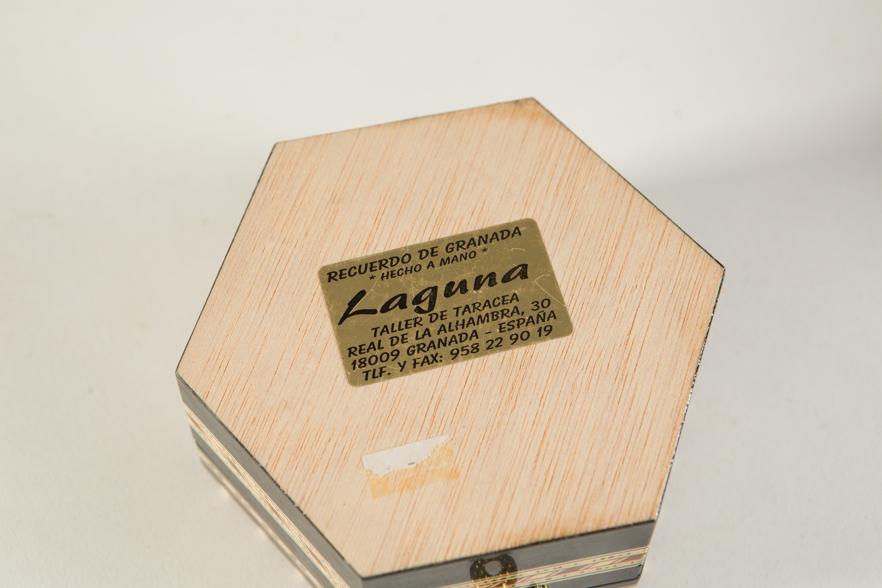 Vintage Spanish Hexagon Trinket Box with Wood Inlay Handmade