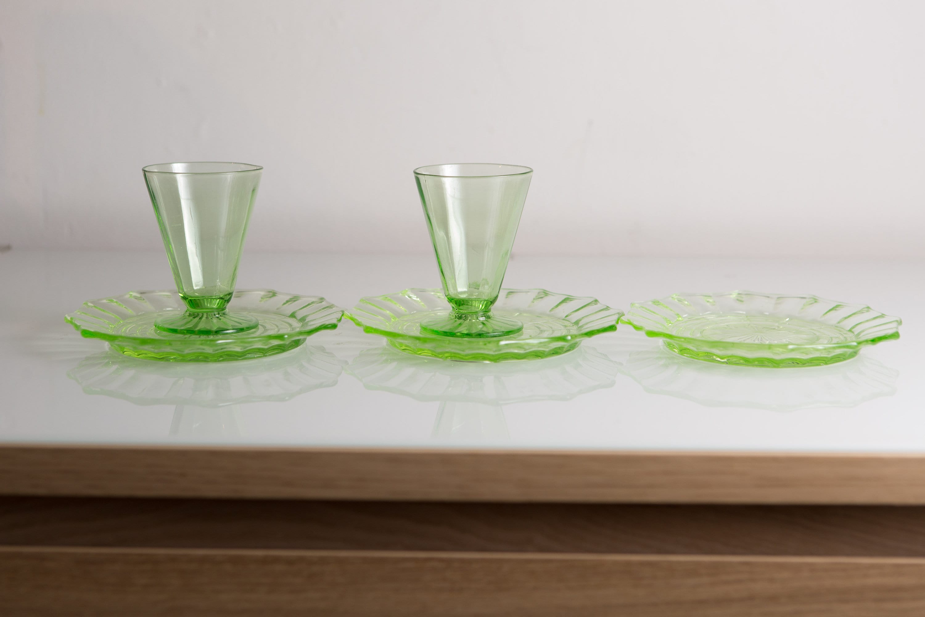 2 Green Apéritif Glasses and 3 Small Plates 2oz Pair of Antique Small