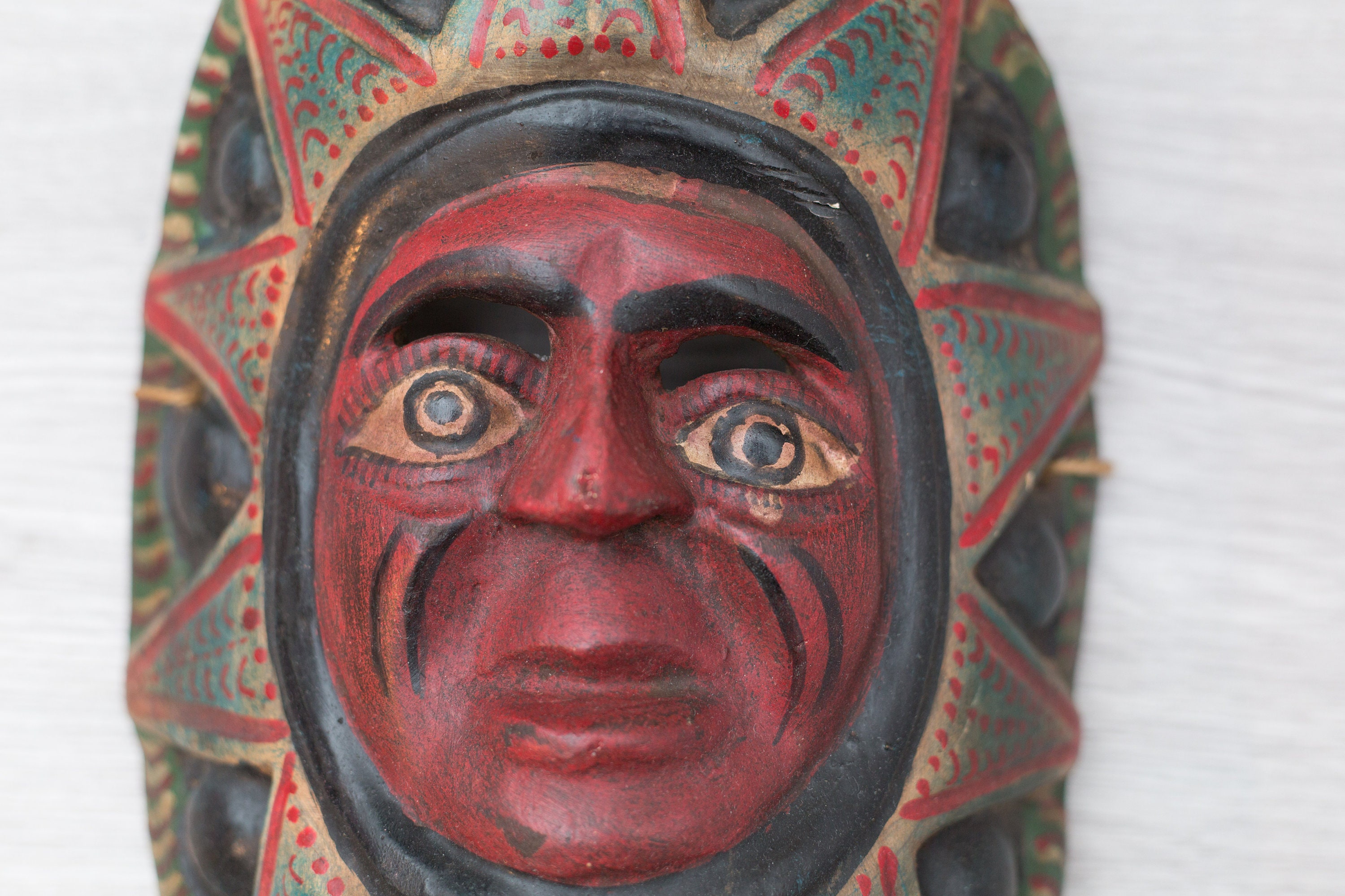 Vintage Wood Mask Red and Black Wall Hanging Face Hand Painted