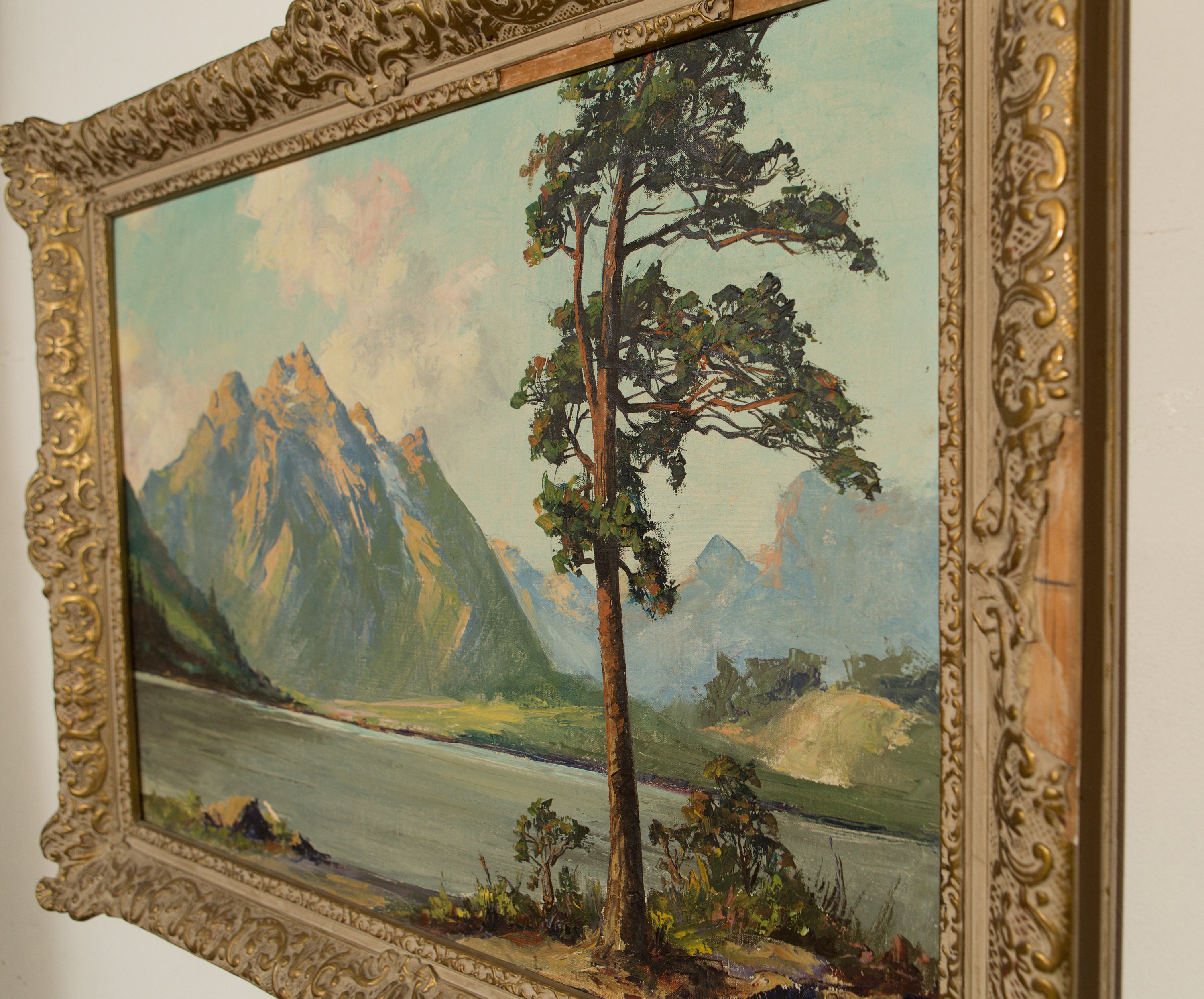 1950's Framed Acrylic Painting on Canvas Large Original Painting