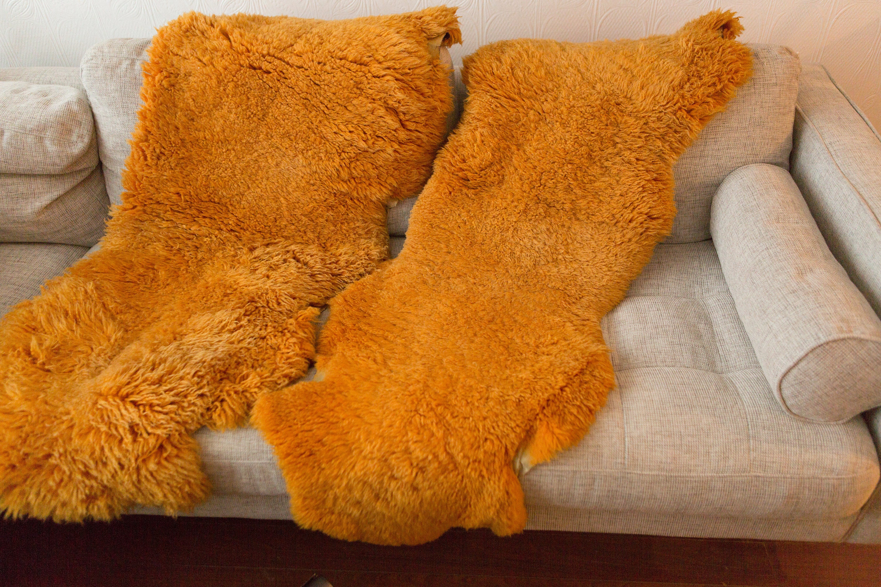 Burnt orange Vintage Shag Rugs Pair of Natural Dyed Genuine Sheepskin