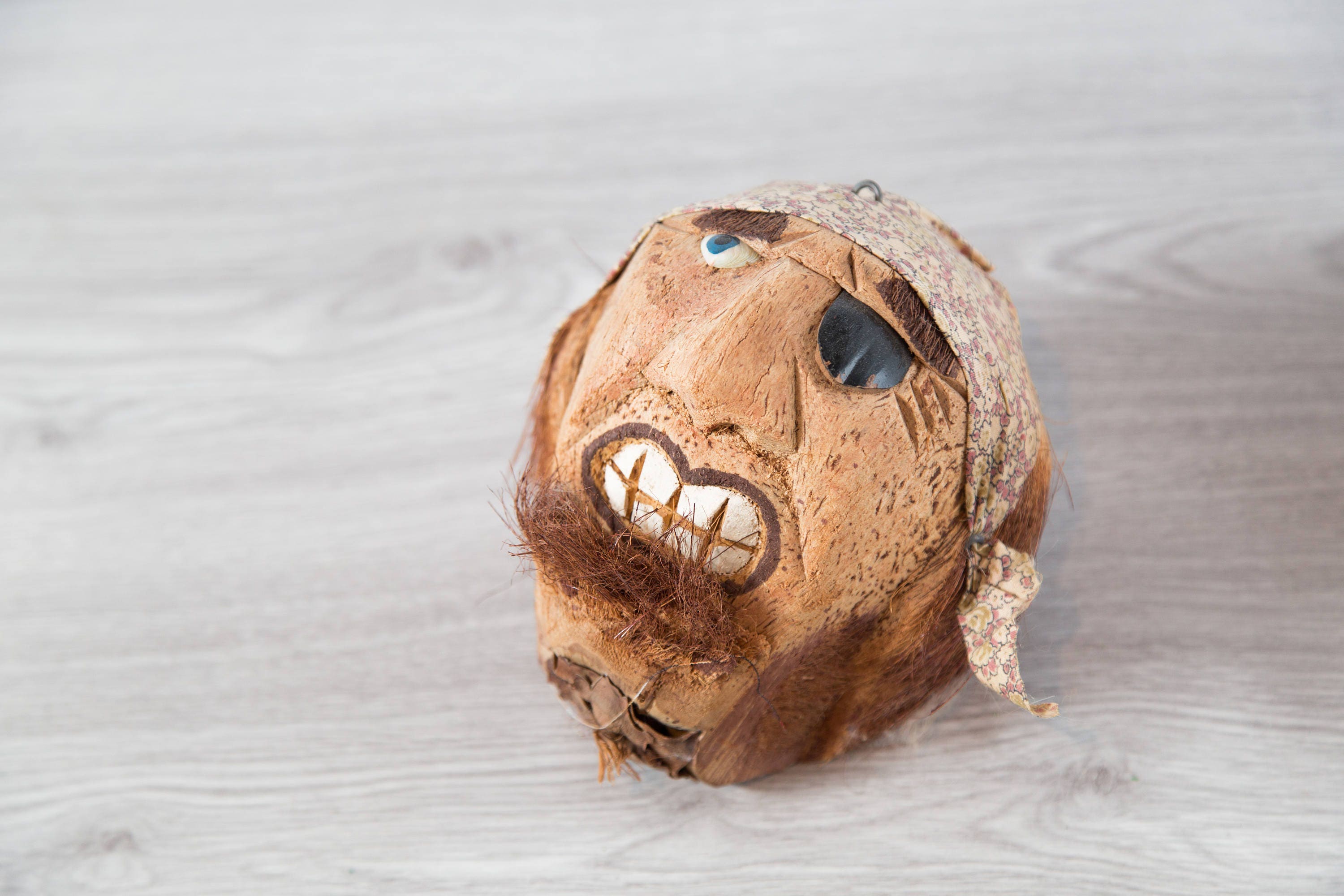 Vintage Coconut Pirate Heads / Pair of Tropical Hanging Carved Coconut