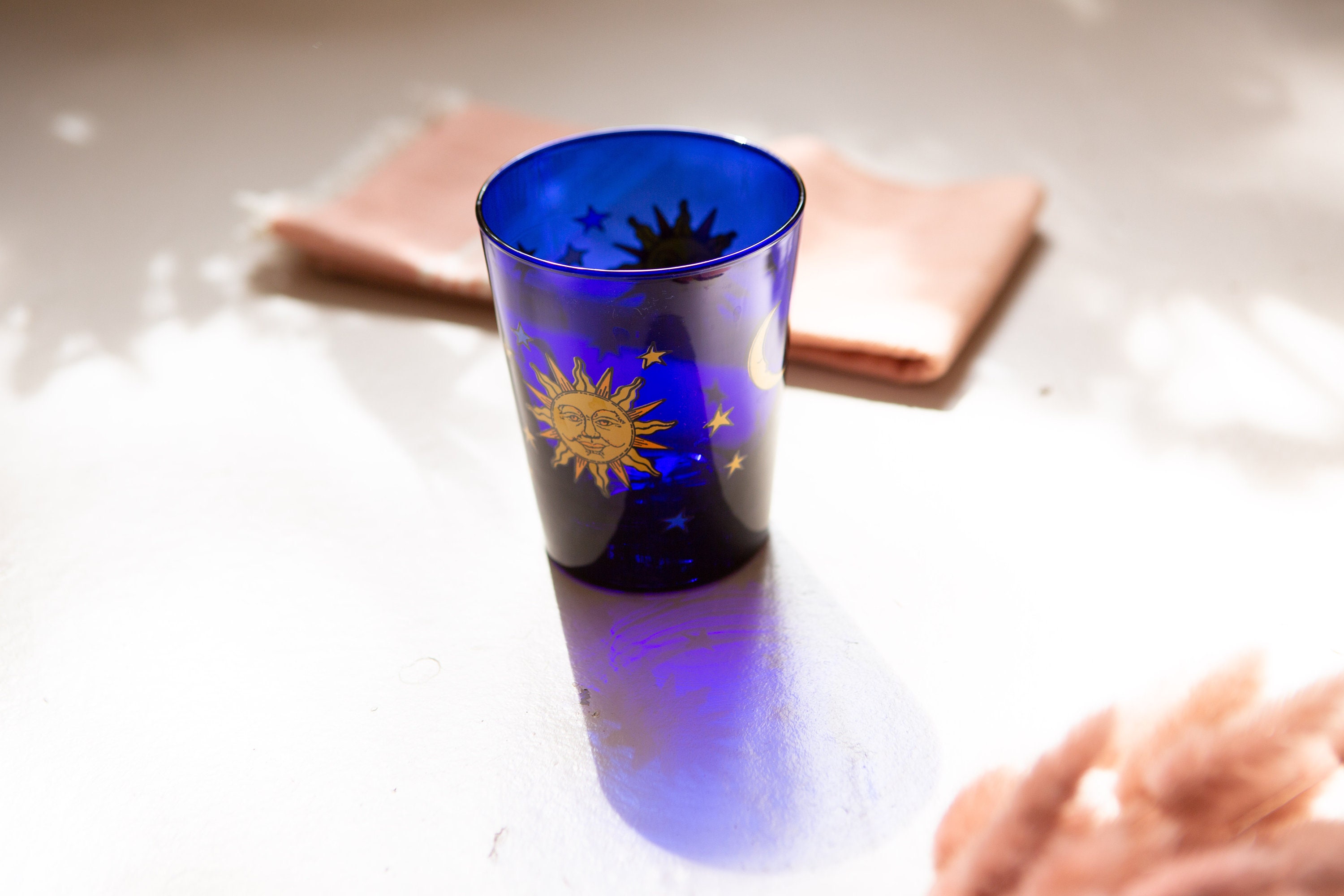 Cobalt Blue Drinking Glass 12oz Vintage Libbey Celestial Sun, Moon