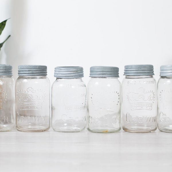 6 Mason Jars - Canadian Glass Crown Emblem Canning Jars with Clear Glass and Zinc Lids - Made in Canada - Kitchen Canister Storage or Vases