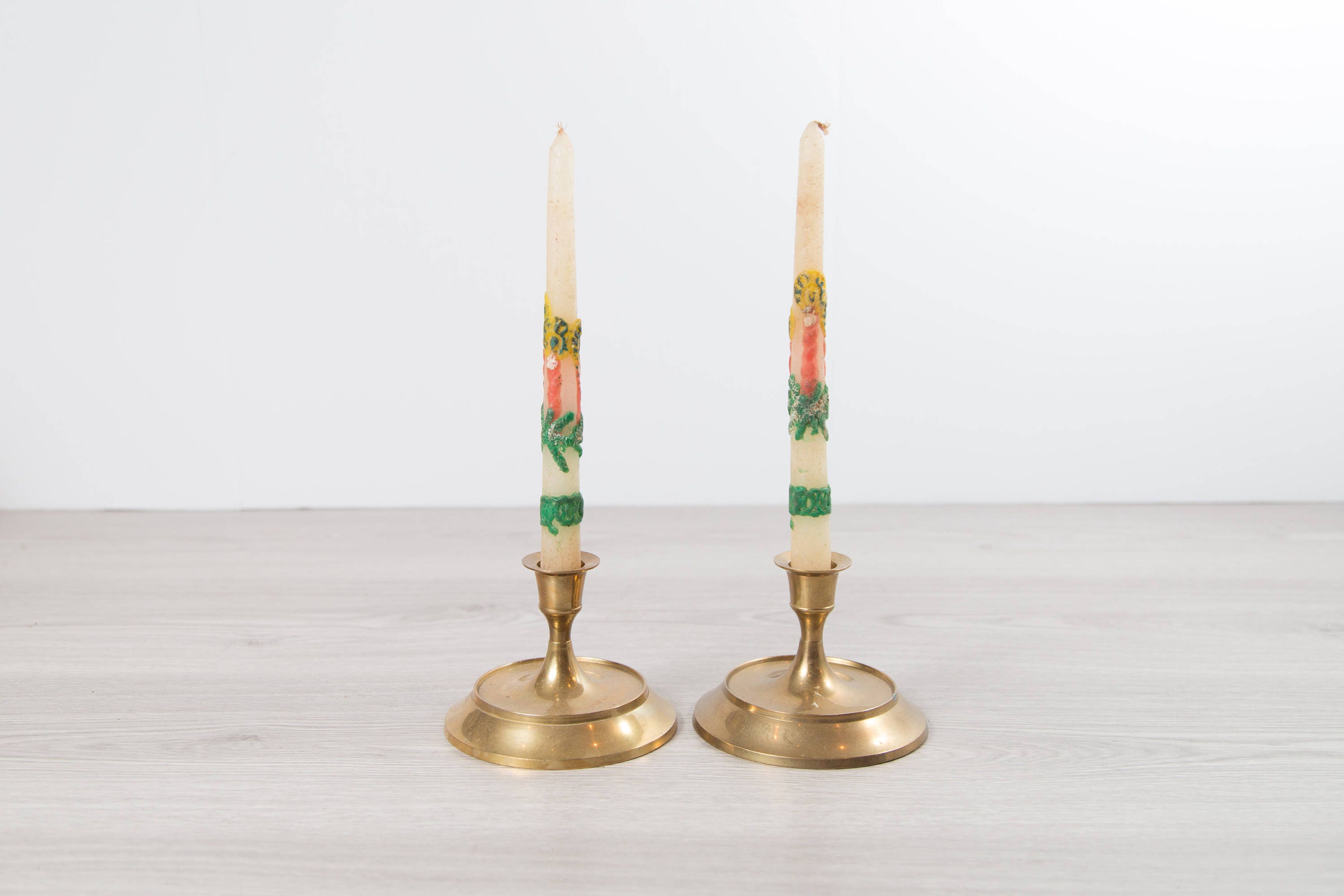 Pair of Vintage Brass Candlestick Holders with Vintage Christmas